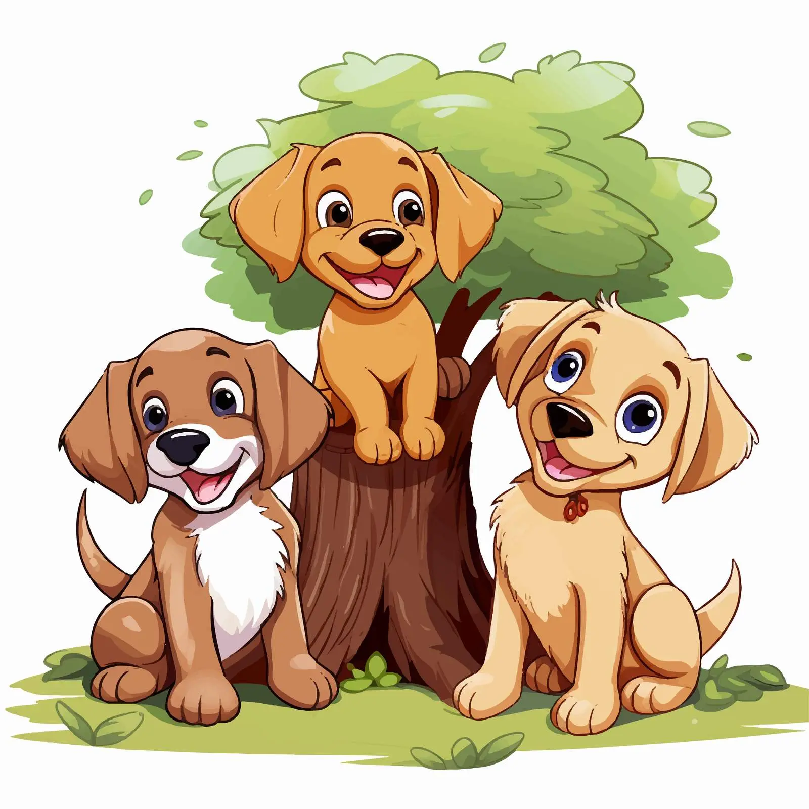 Three Cartoon Dogs Sitting by a Tree — free download from Dotvec