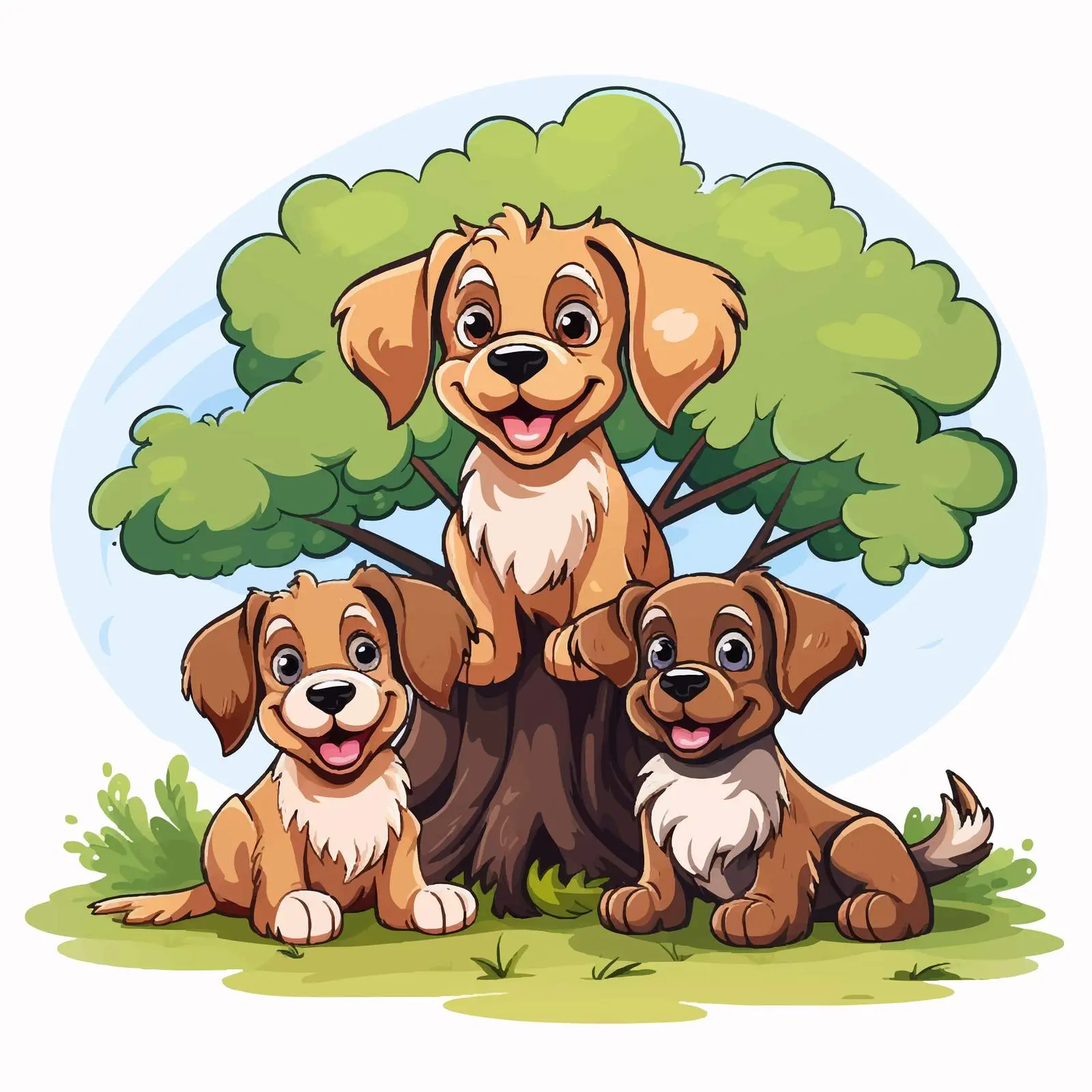 Happy Cartoon Dogs Sitting by a Tree – free tree illustration image from Dotvec