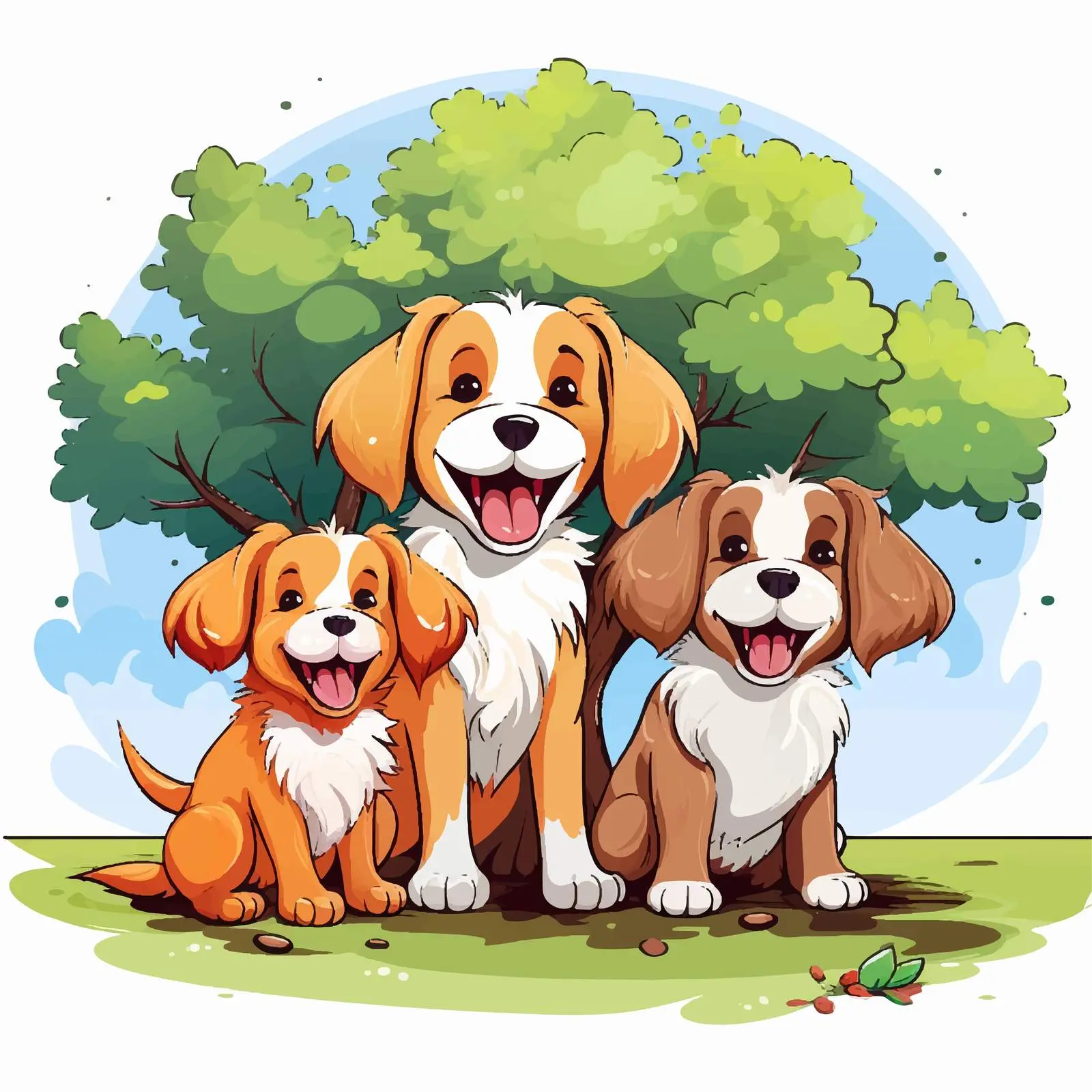 Three Happy Cartoon Dogs by a Tree — free download from Dotvec