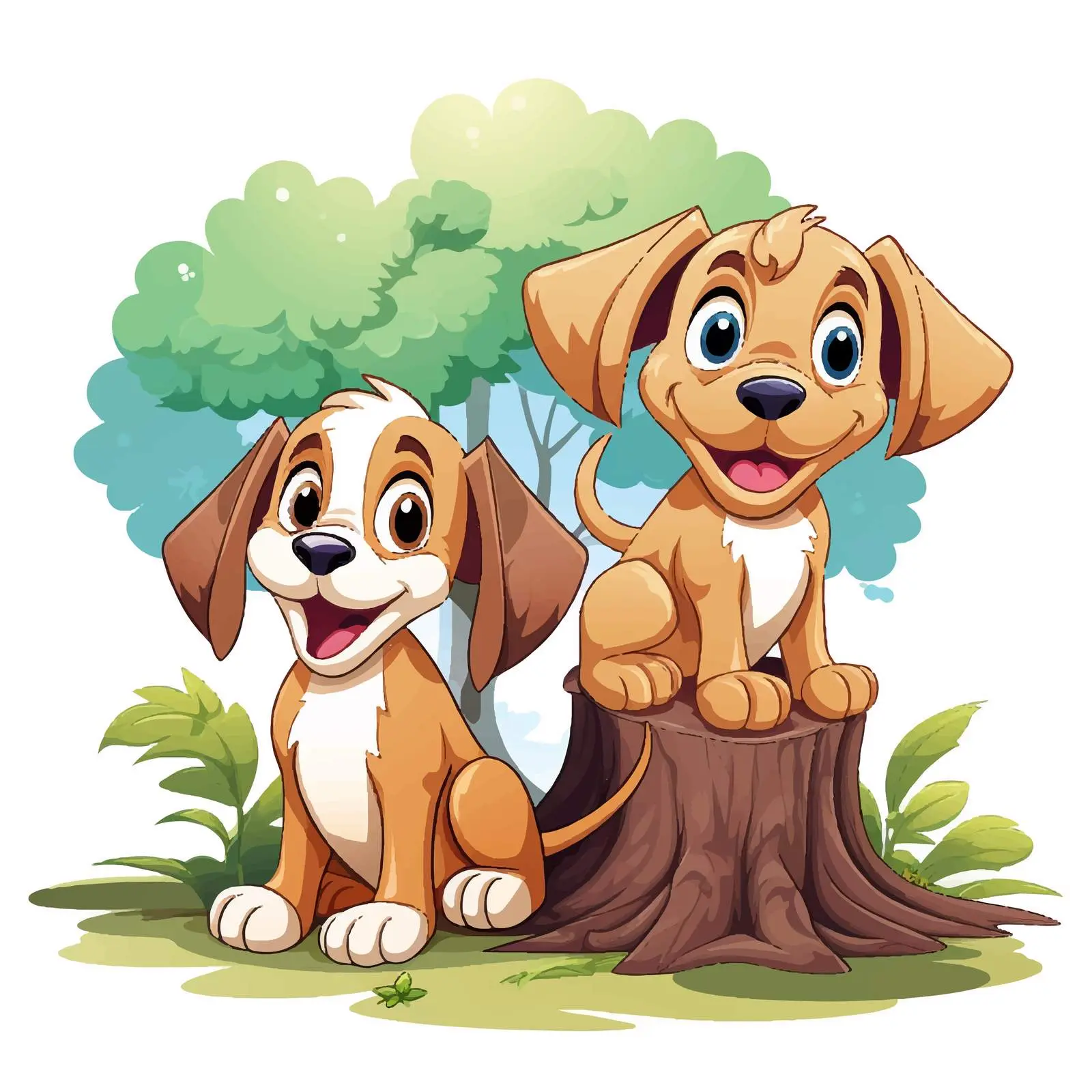 Three Happy Cartoon Dogs by a Tree – free tree design image from Dotvec