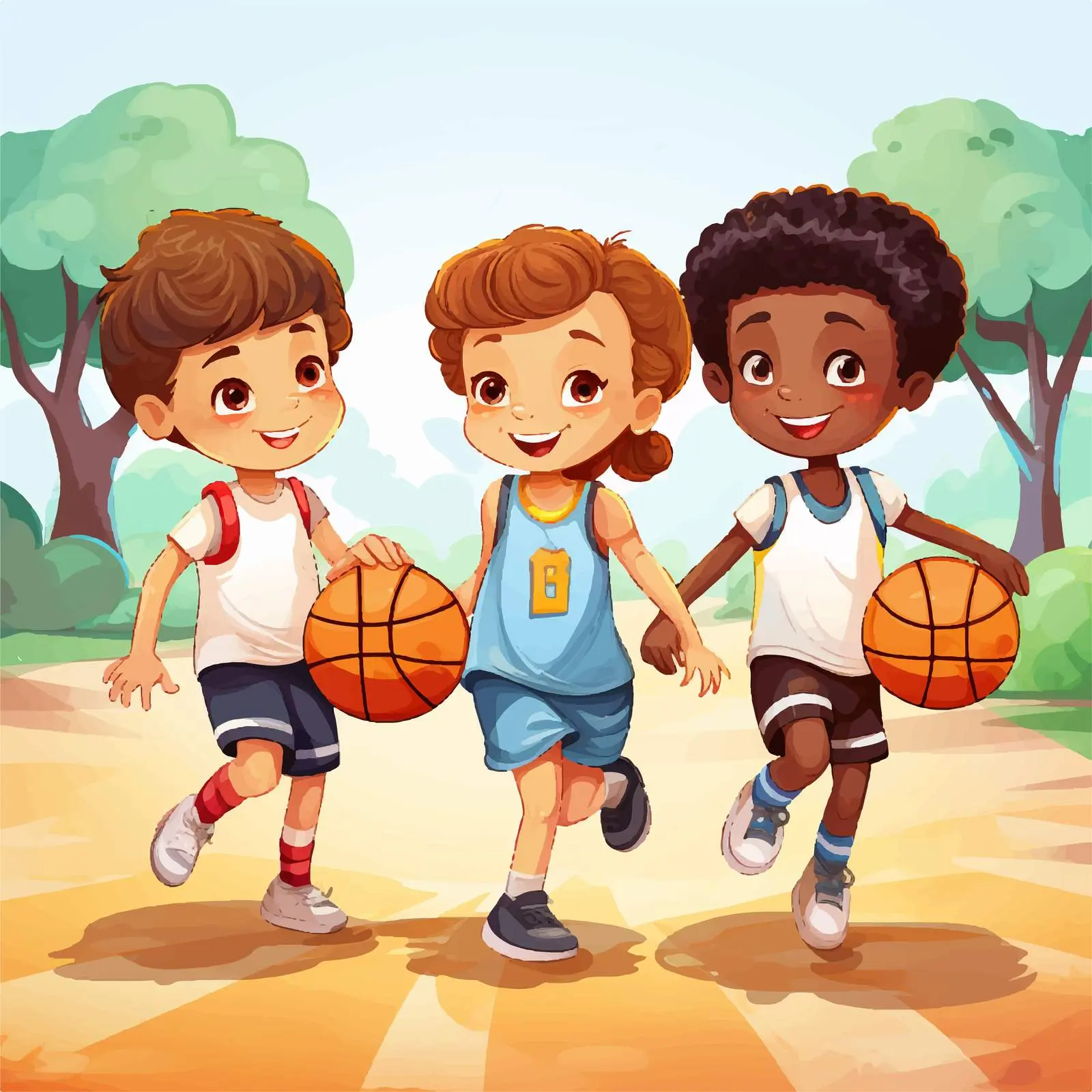 Children Playing Basketball at Court Illustration — free download from Dotvec