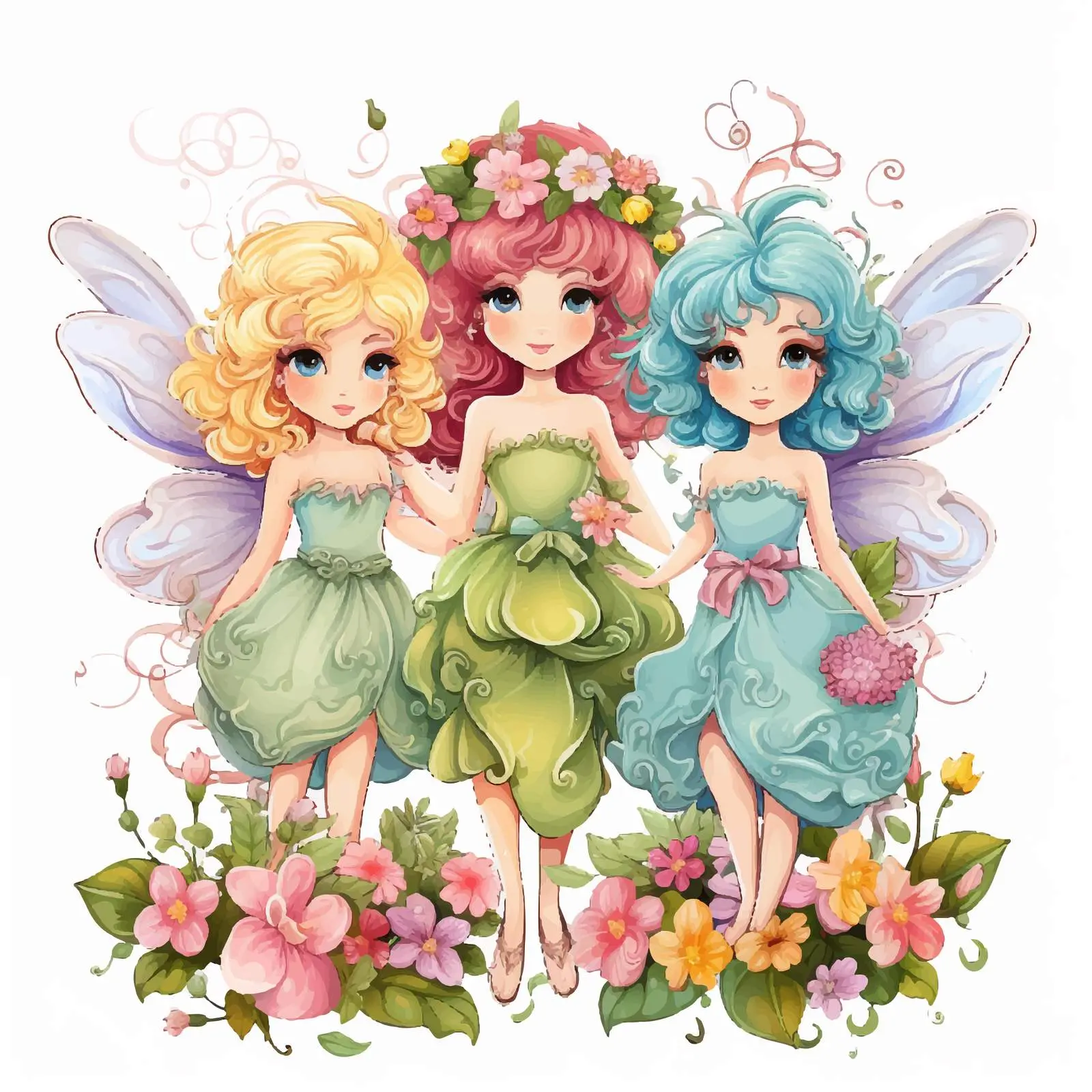 Three Fairies with Flowers Vector Illustration — free download from Dotvec