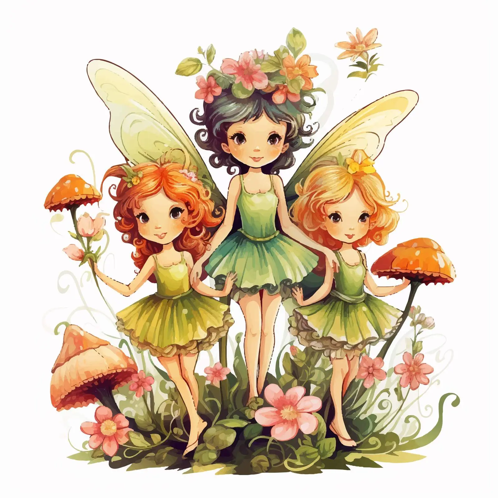Three Fairies with Flowers Cartoon Vector Illustration — free download from Dotvec