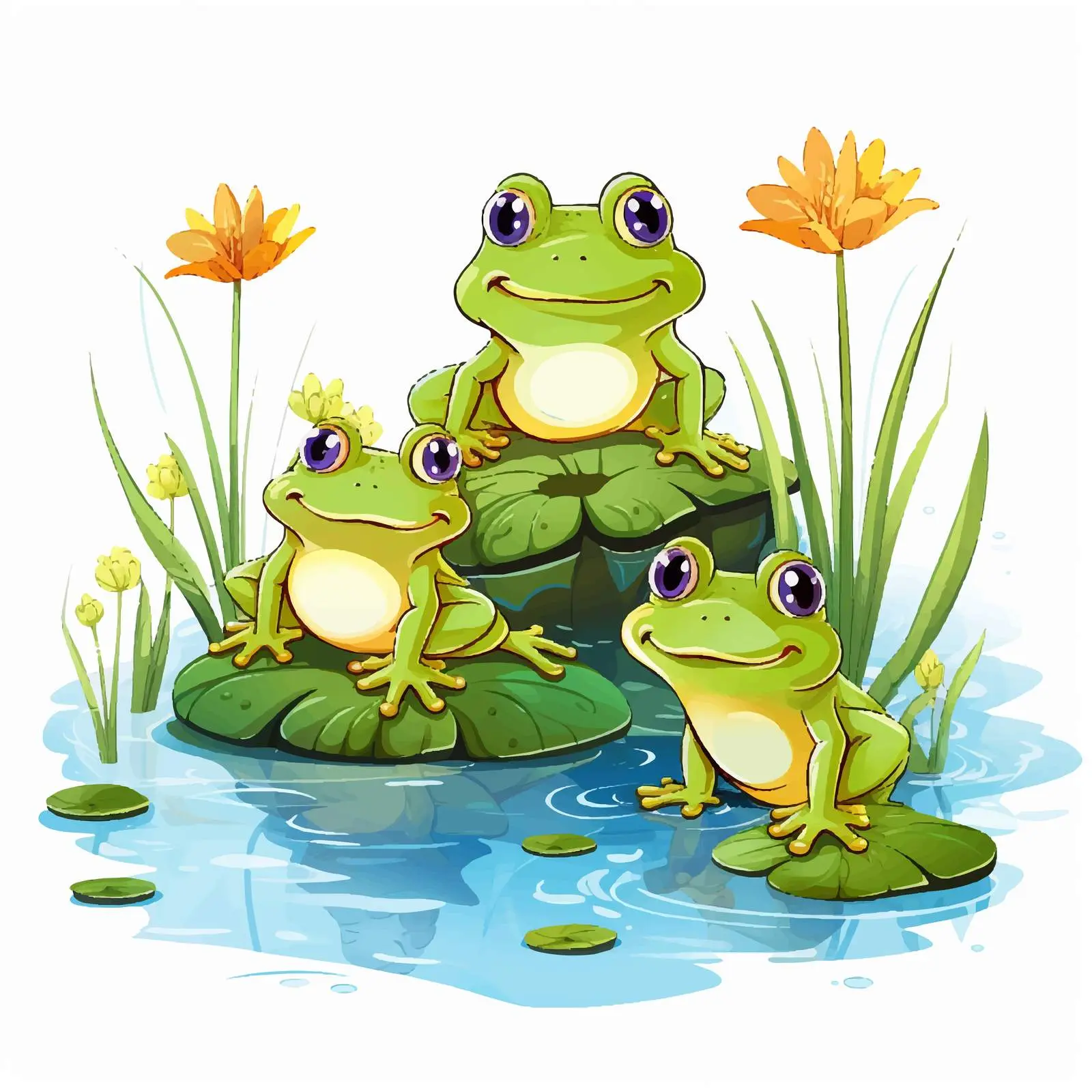 Three Frogs Enjoying a Pond Scene Vector Art — free download from Dotvec