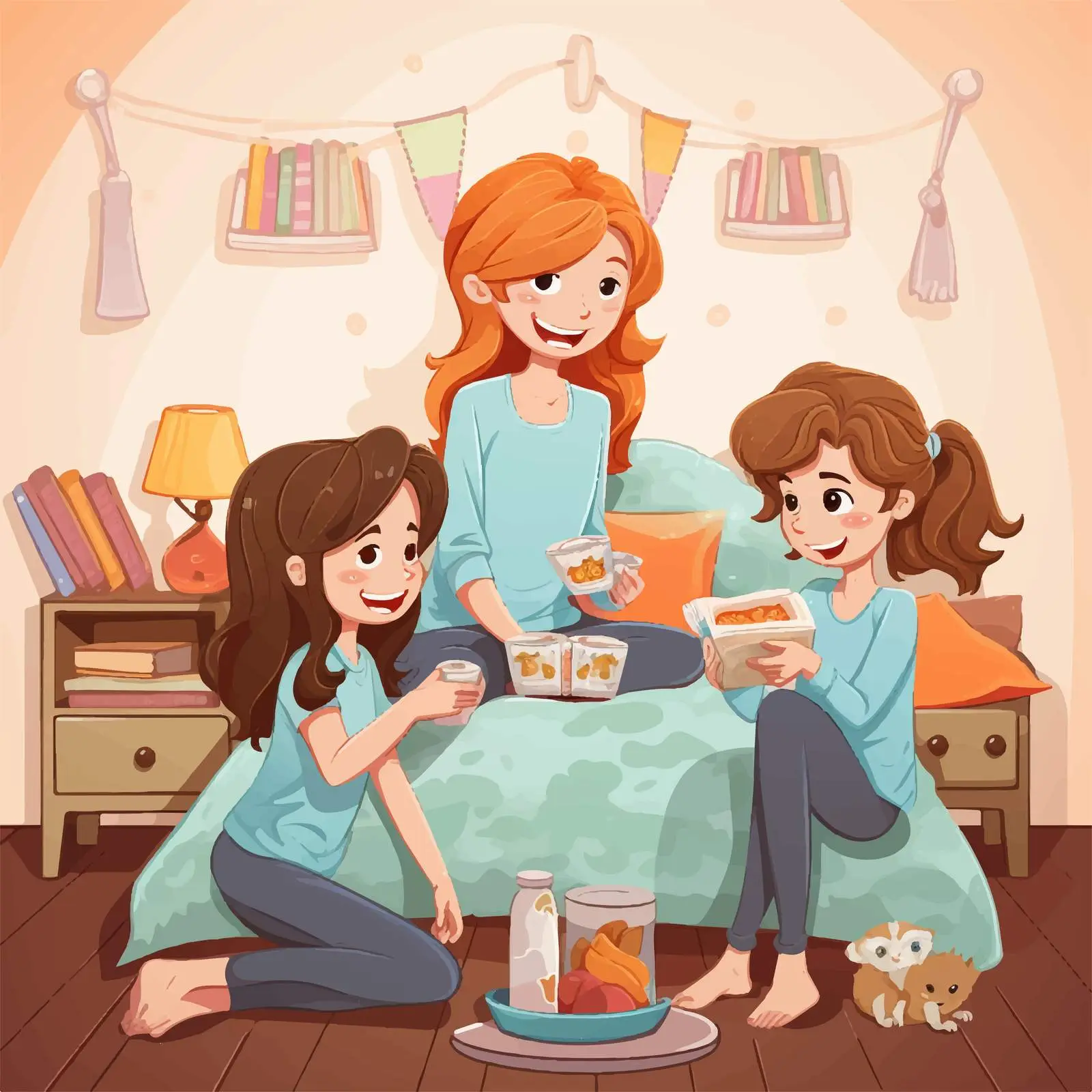 Illustration of Three Girls Snacking in Bedroom — free download from Dotvec