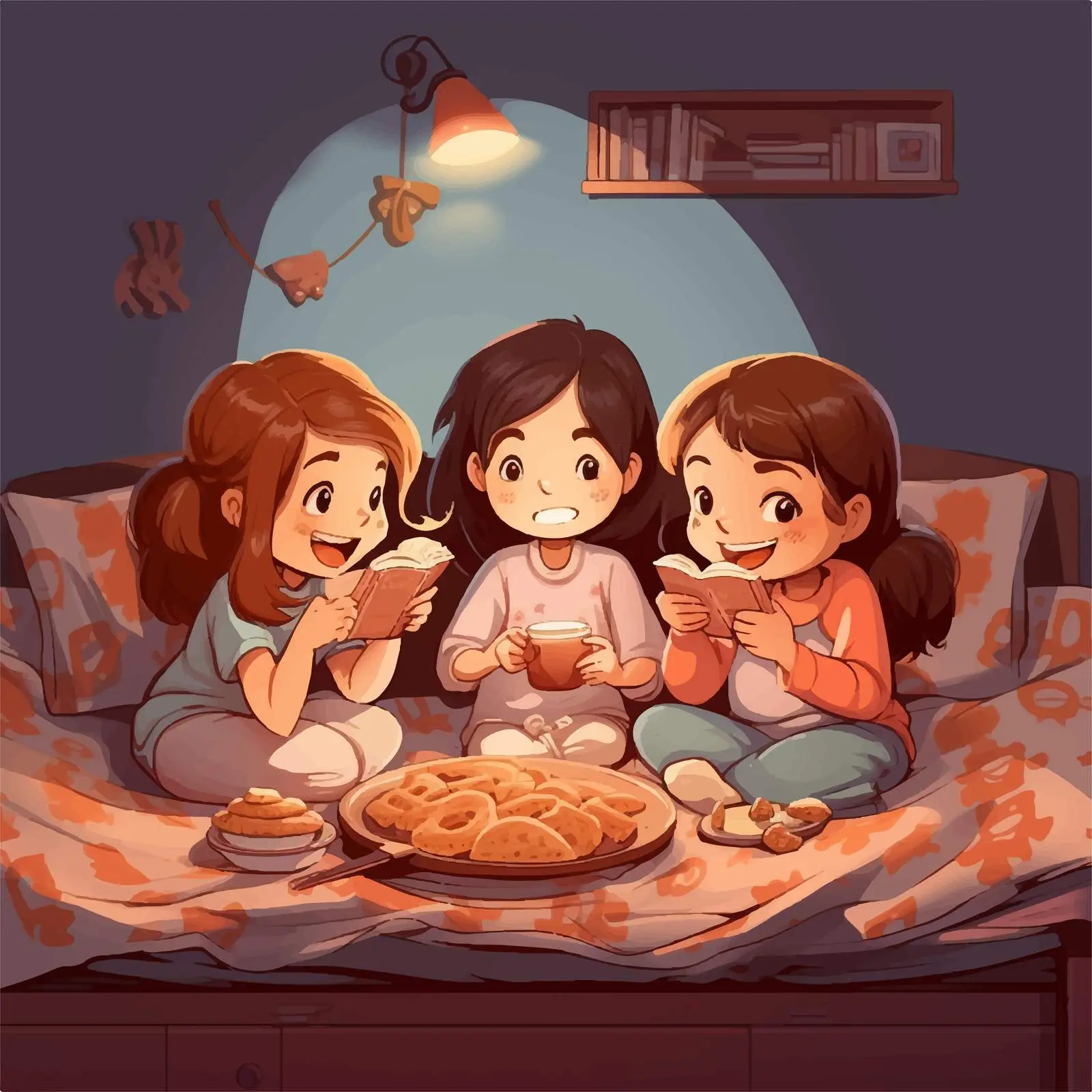 Three Girls Enjoying Snacks in Bedroom Illustration — free download from Dotvec