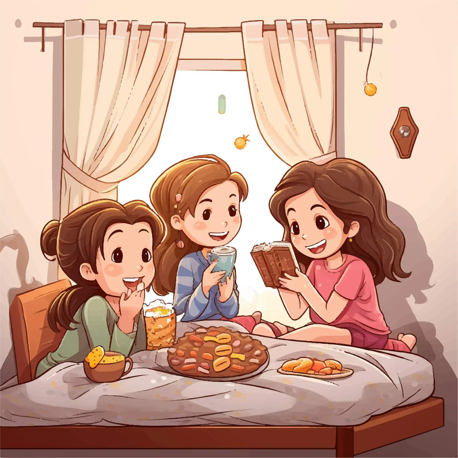 Three Girls Enjoying Snacks in Bedroom Illustration — free download from Dotvec