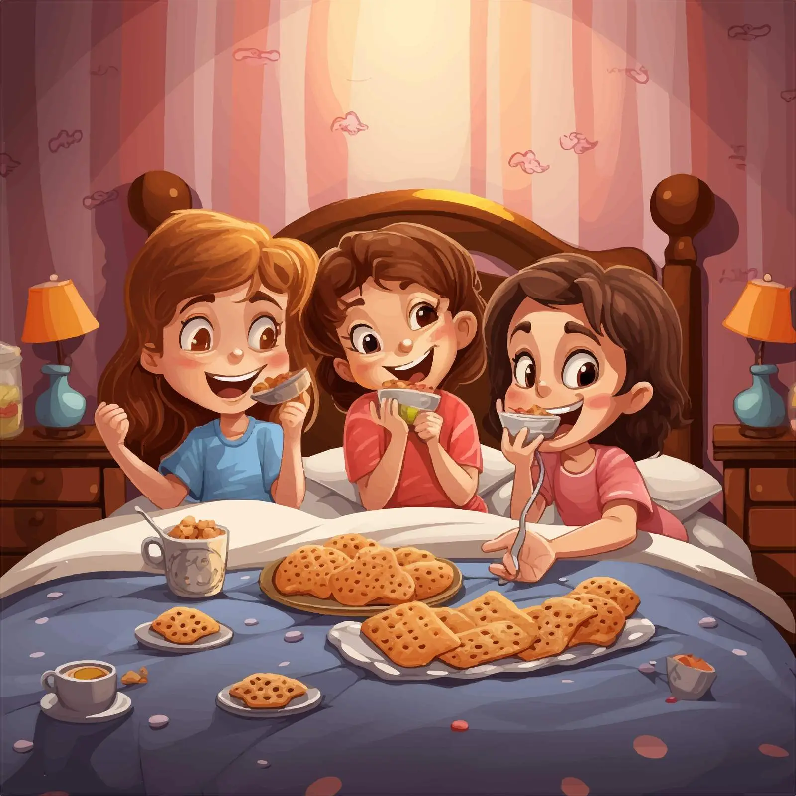 Three Girls Enjoying Snacks in Bedroom Illustration — free download from Dotvec
