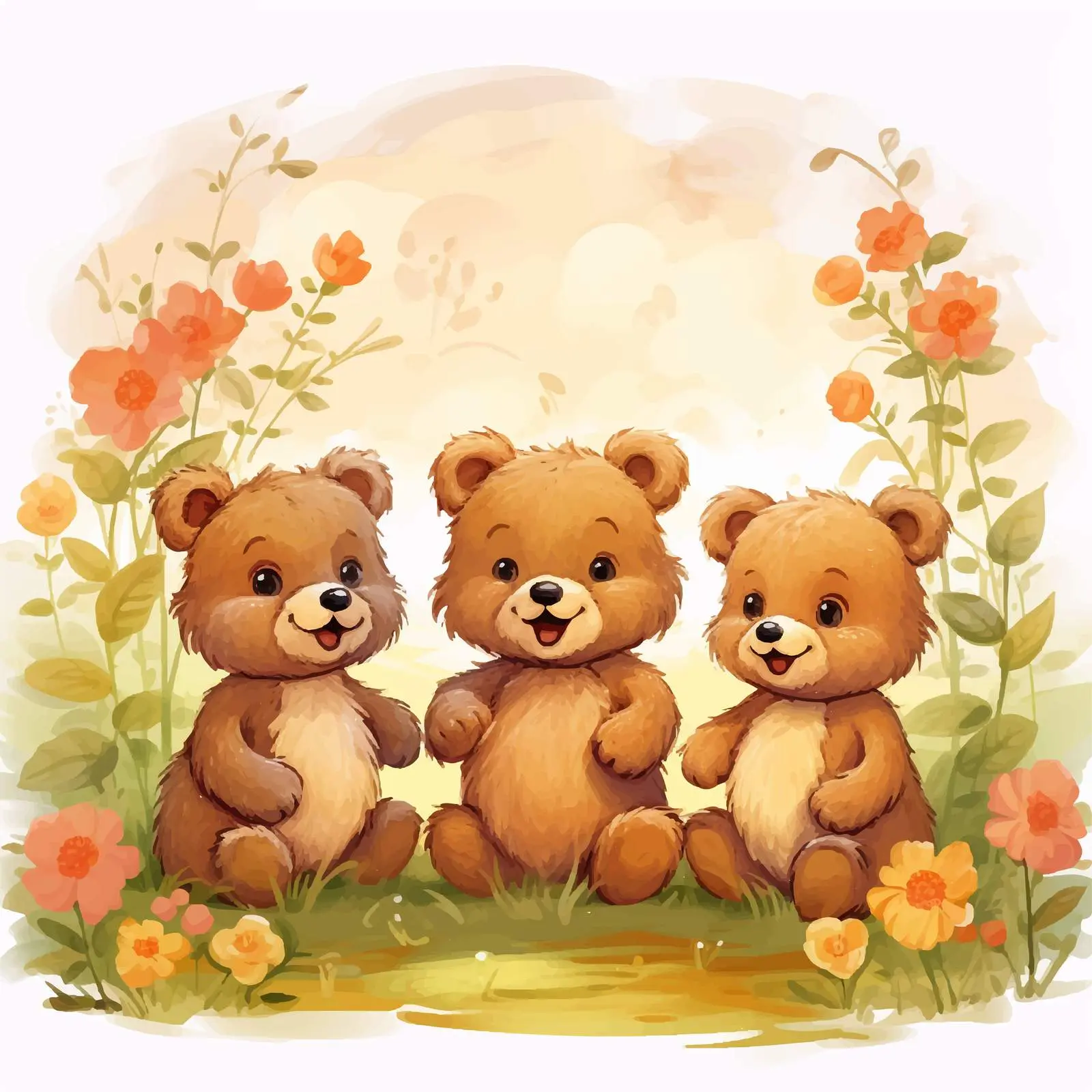 Three Little Bears in the Garden Illustration — free download from Dotvec