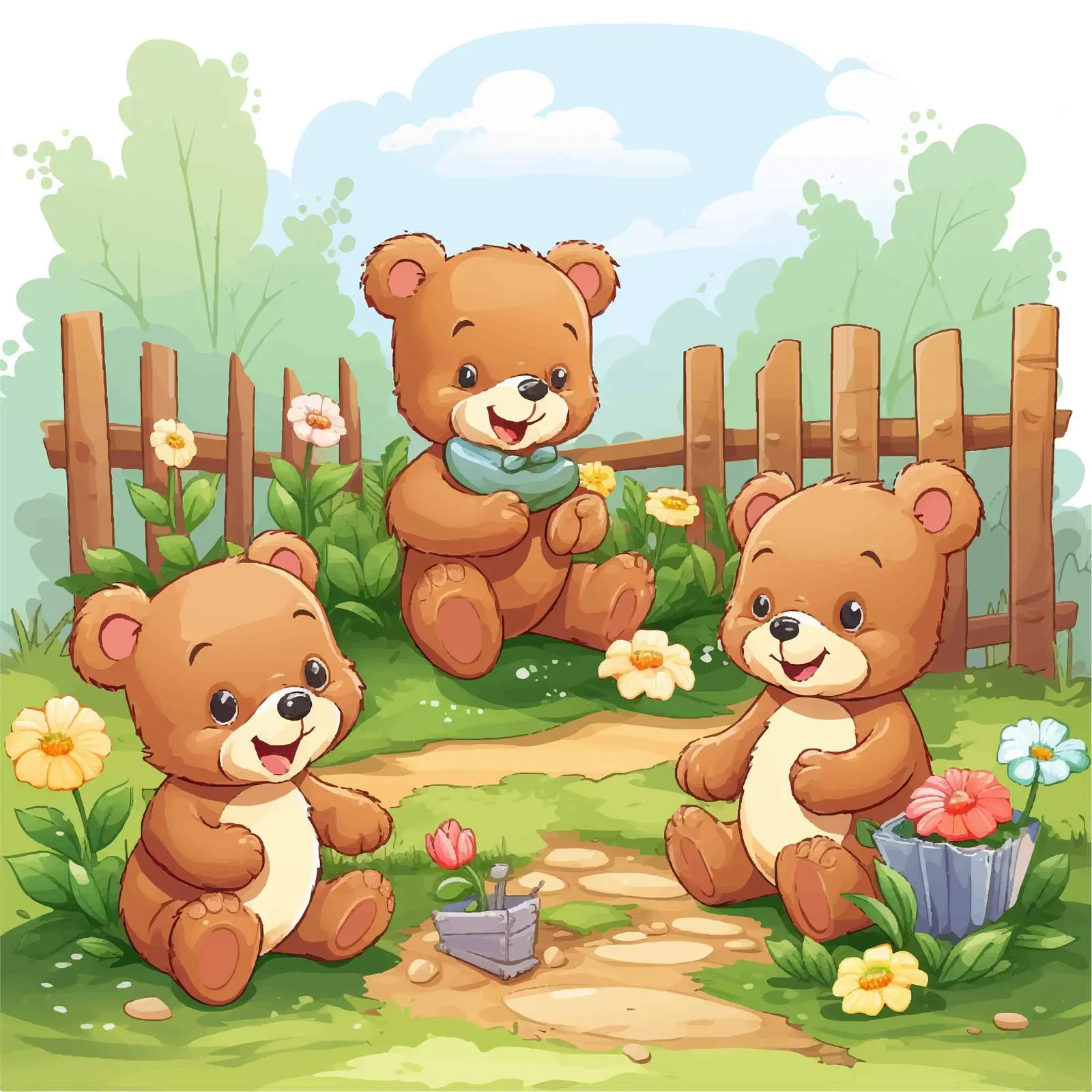 Three Little Bears in the Garden Illustration — free download from Dotvec