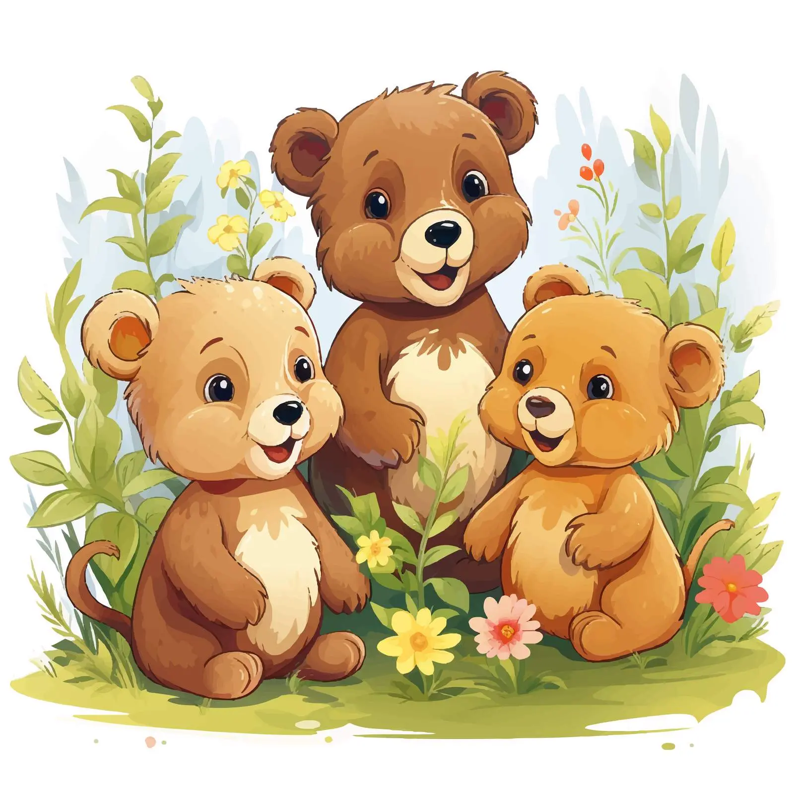 Three Little Bears in the Garden Illustration — free download from Dotvec