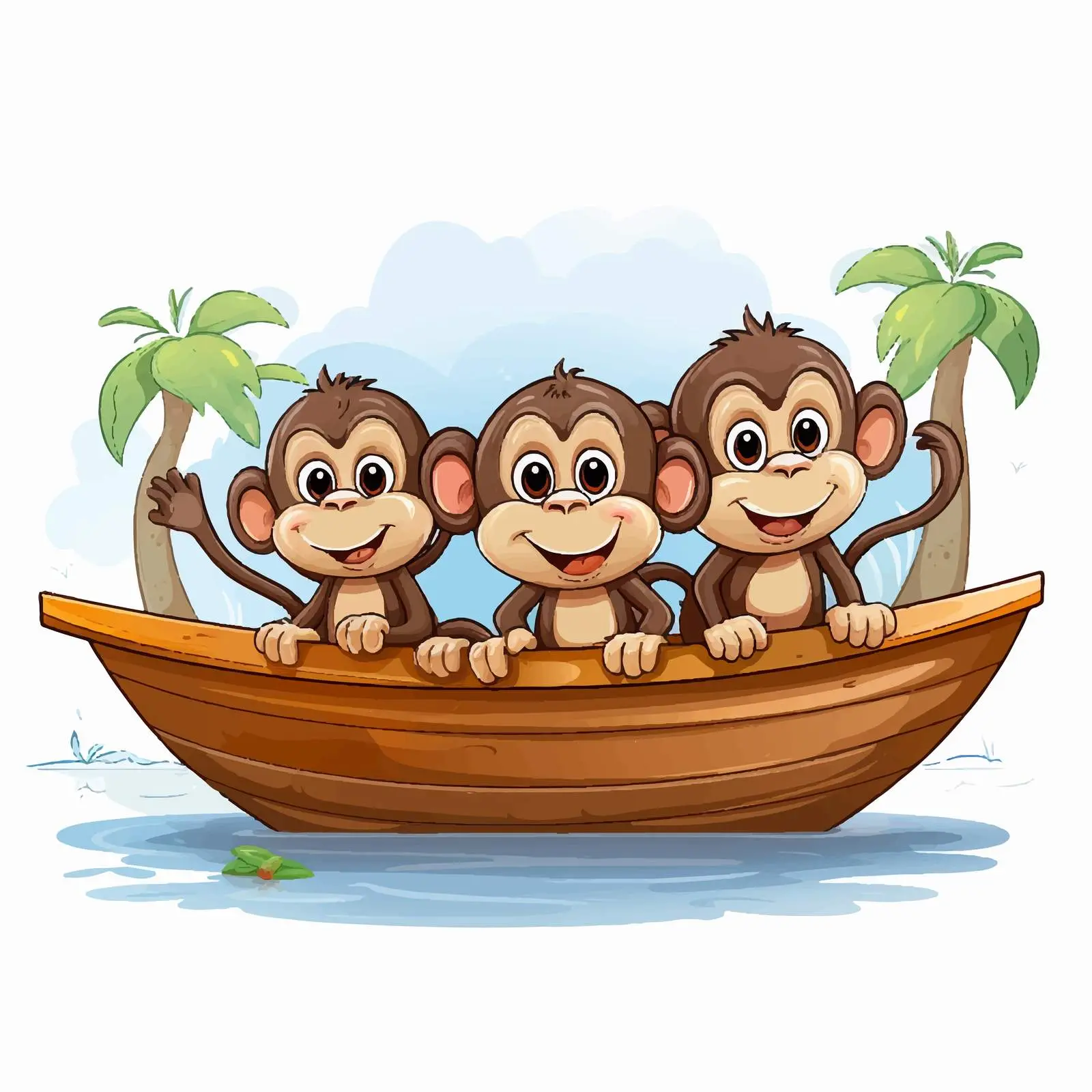 Three Little Monkeys on a Boat Illustration – free funny monkeys image from Dotvec