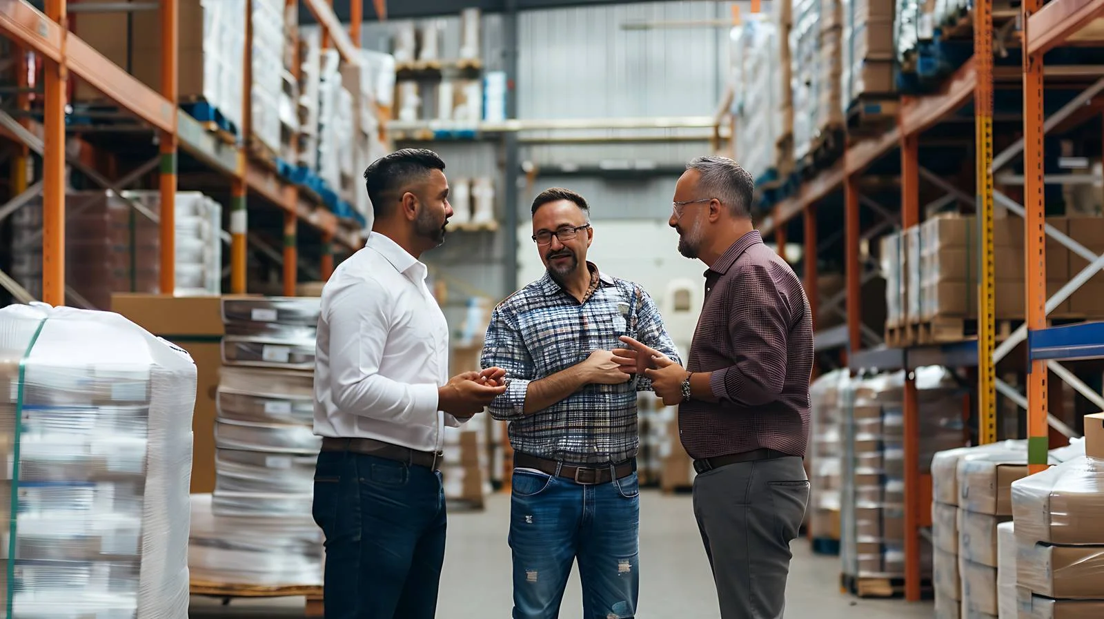 Discussion Among Three Men in Warehouse Setting — free download from Dotvec