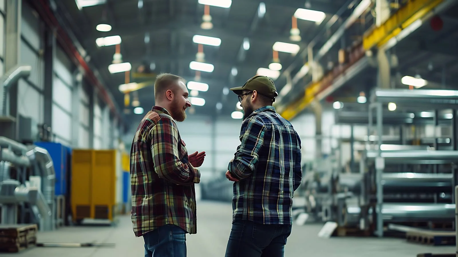 Discussion among three workers in industrial setting — free download from Dotvec