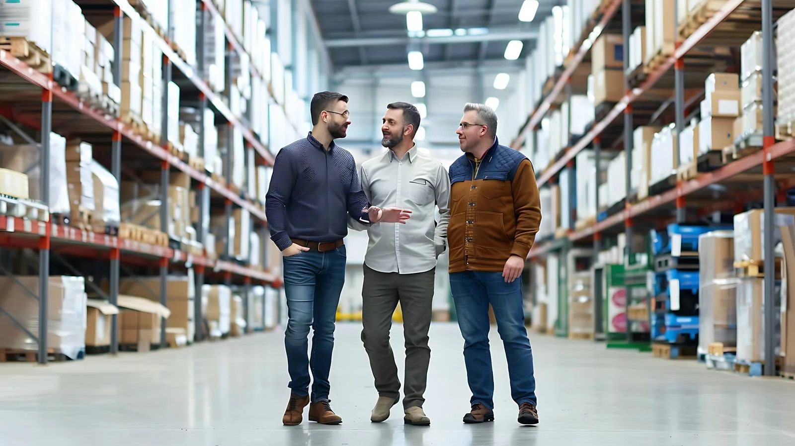 Discussion among three workers in factory warehouse — free download from Dotvec