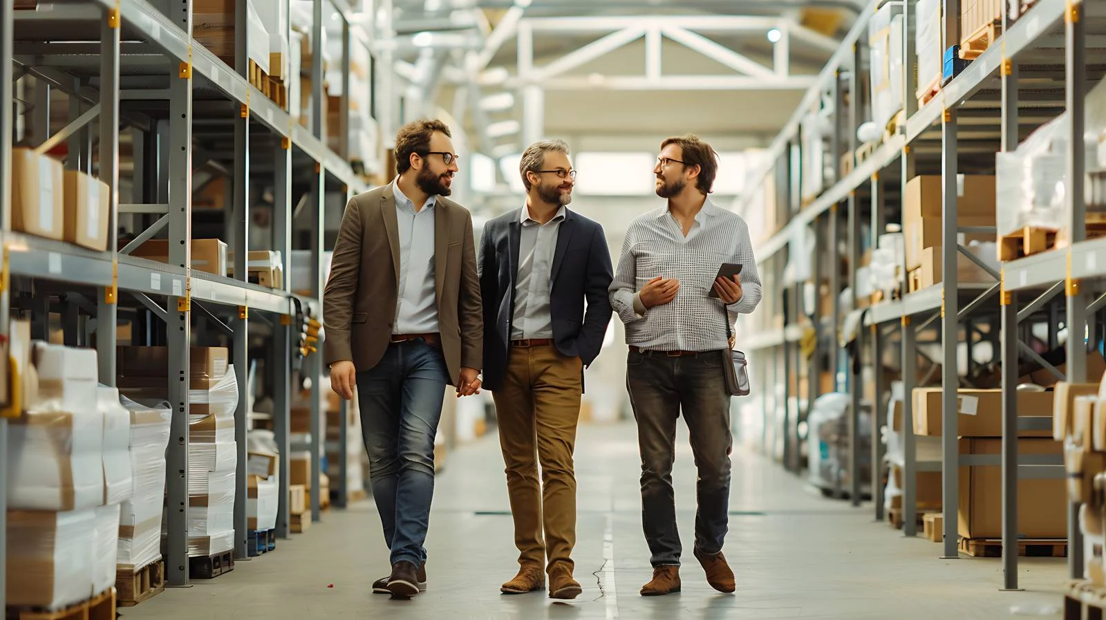 Workmen conversing in industrial warehouse environment — free download from Dotvec