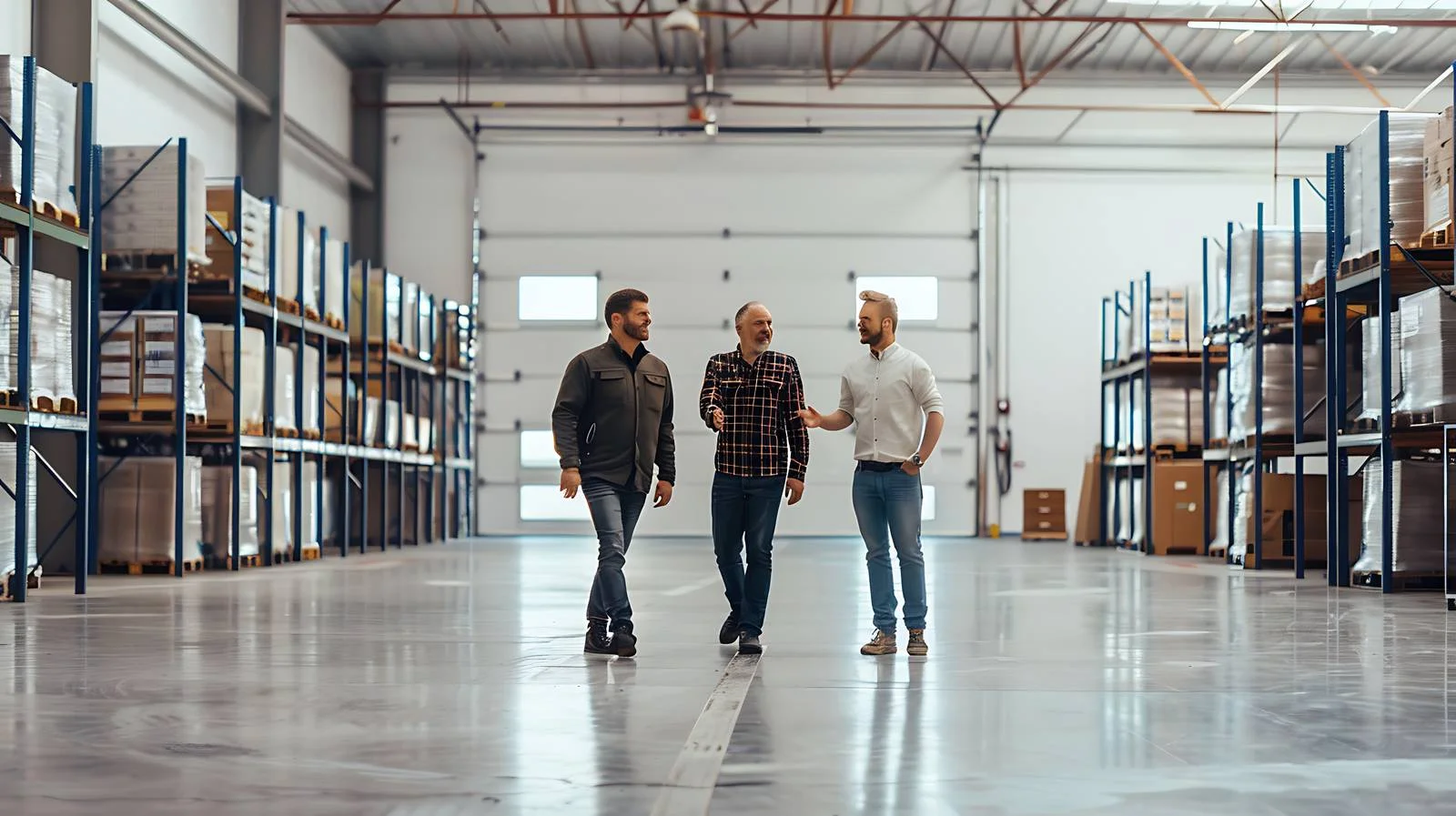 Workers conversing in factory store with inventory — free download from Dotvec