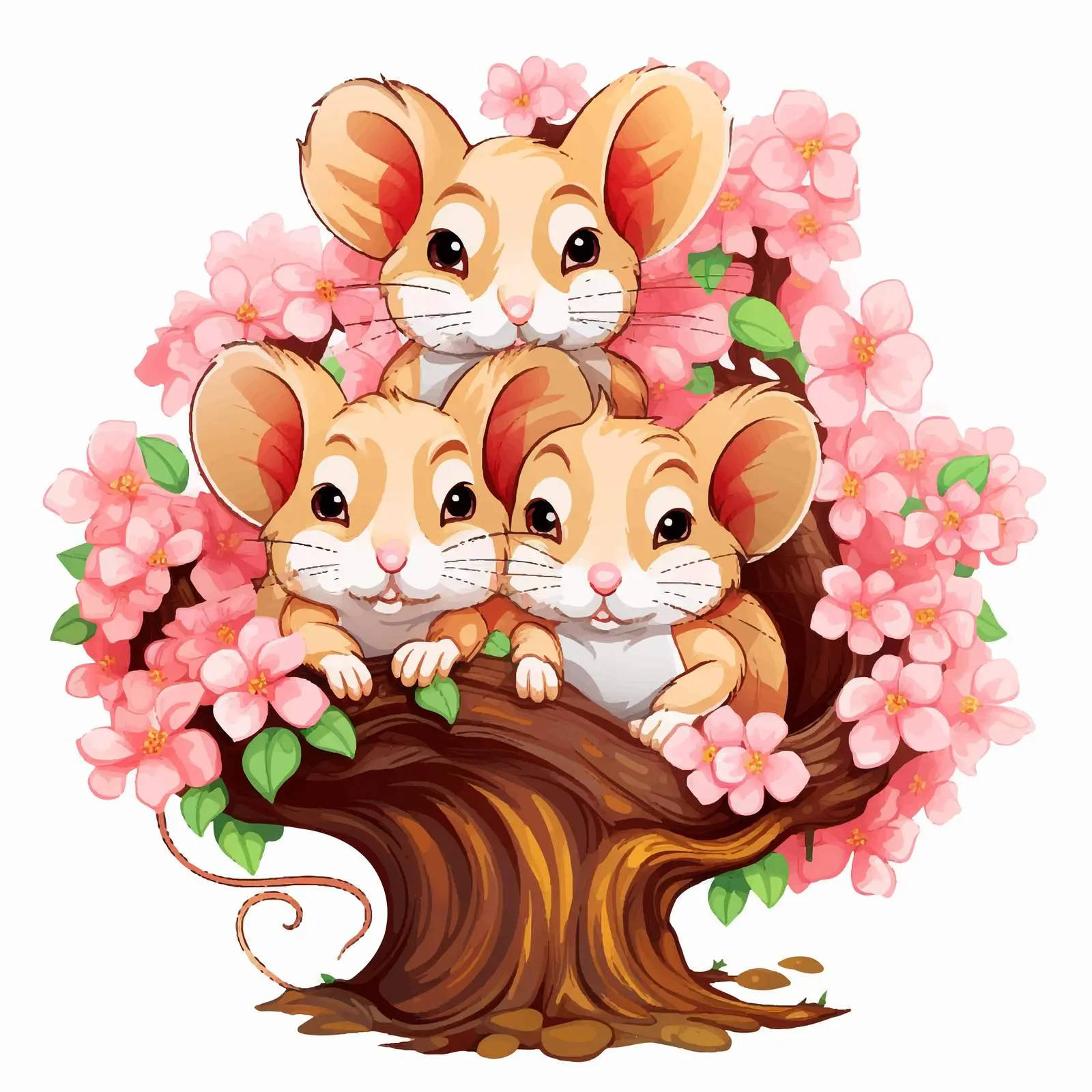 Three Mice Under Flowering Tree Vector — free download from Dotvec