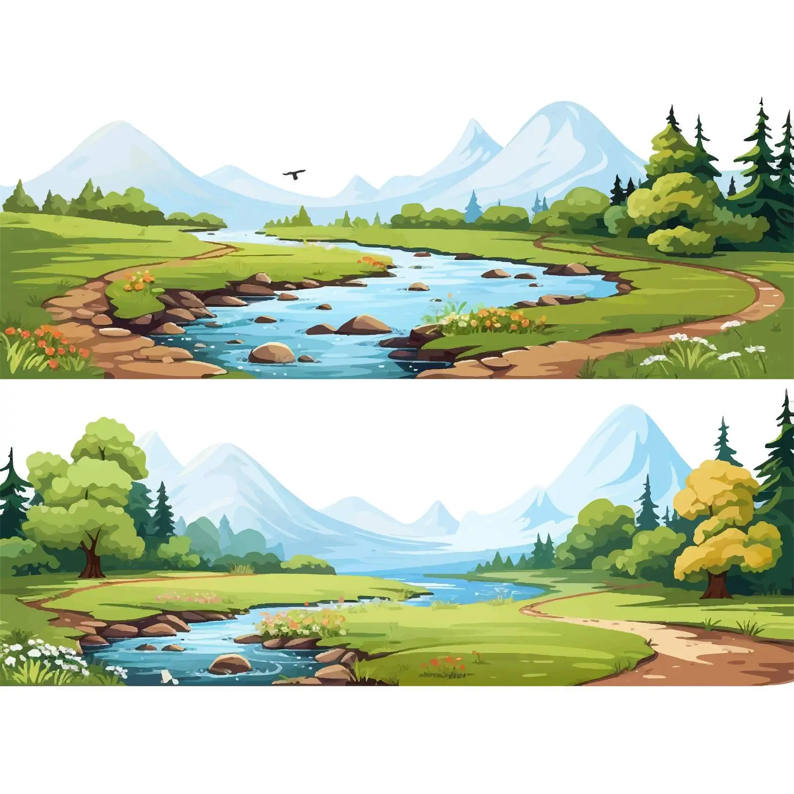 Nature Scenes with River and Road Illustration — free download from Dotvec