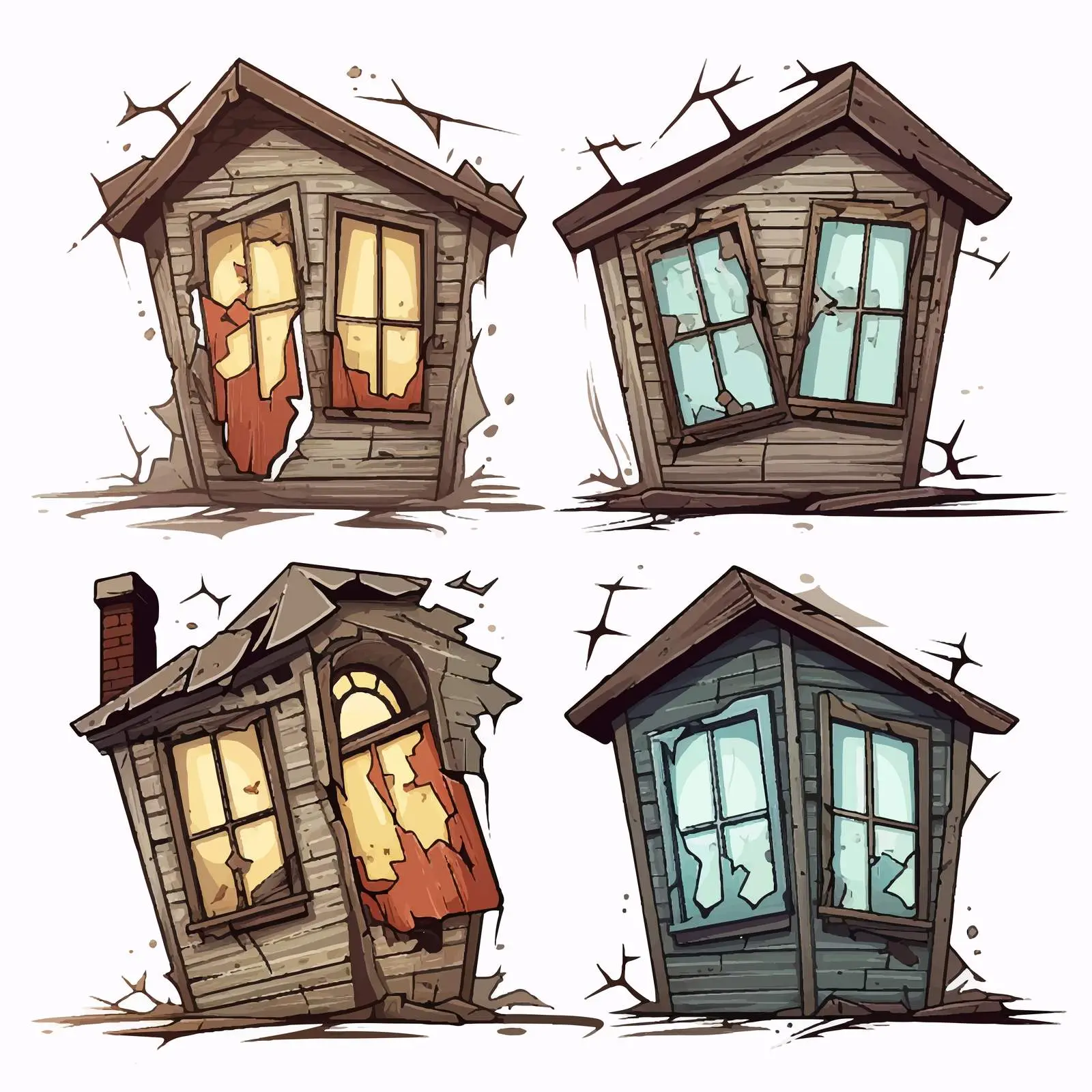 Illustration of Three Old Houses with Broken Windows — free download from Dotvec