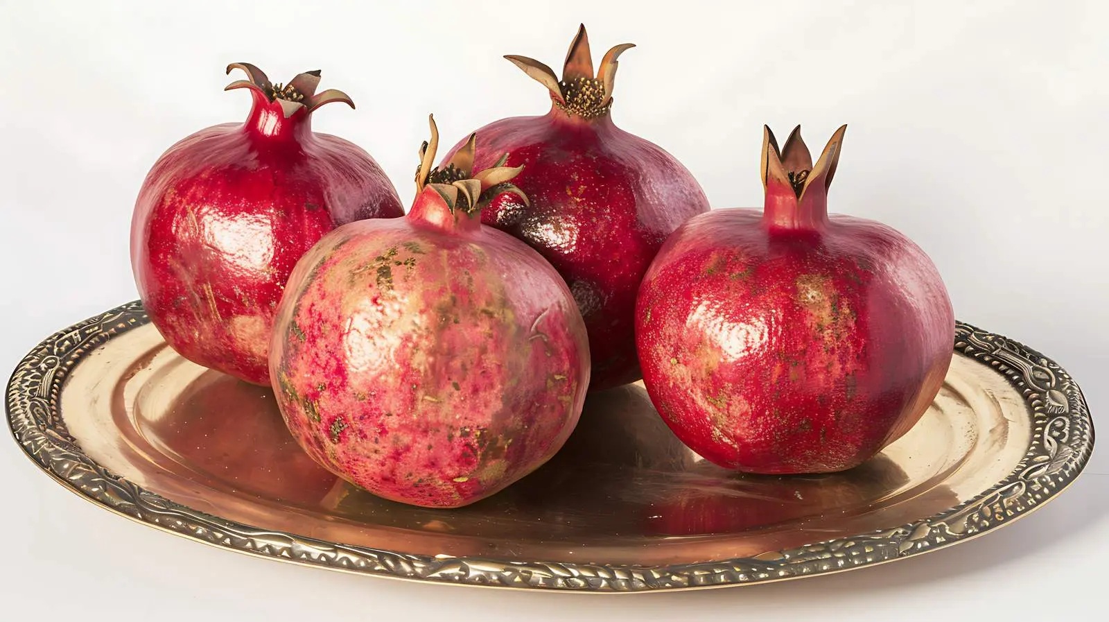Pomegranates on Golden Plate Against Beige Table — free download from Dotvec