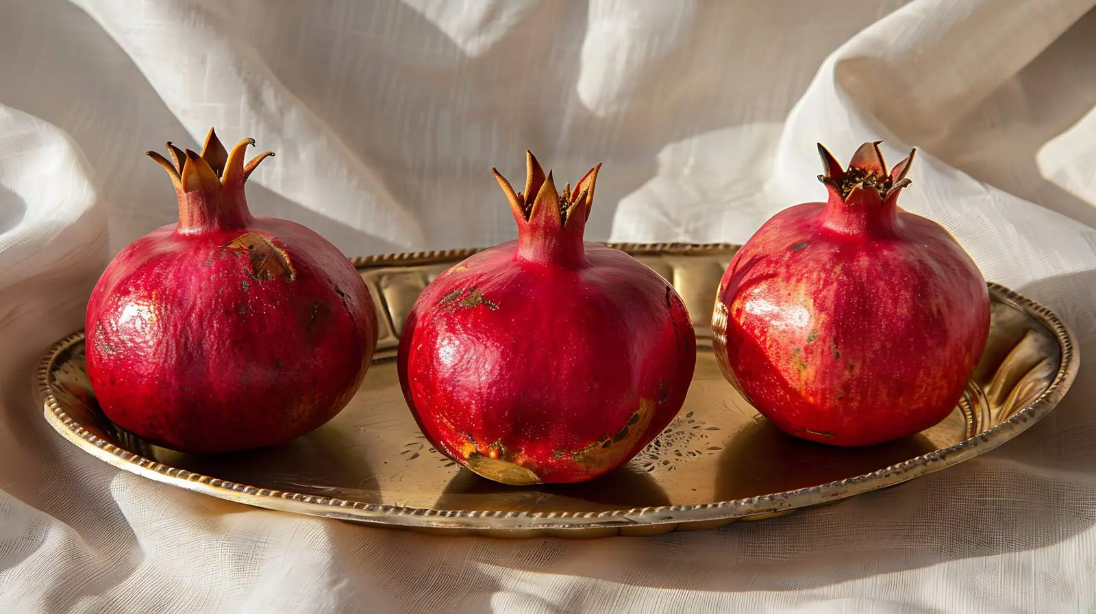 Pomegranates on Golden Plate on Beige Table — free download from Dotvec