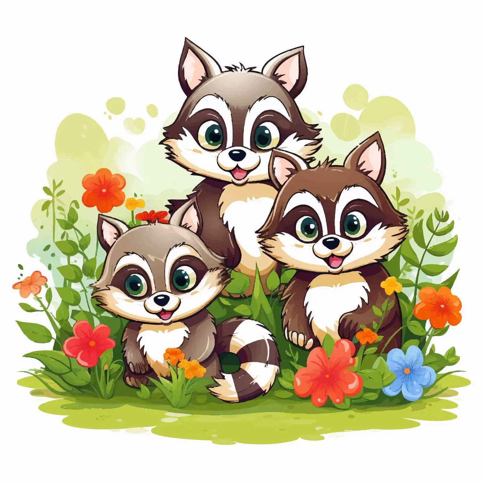 Raccoons Playing in a Colorful Garden Illustration — free download from Dotvec