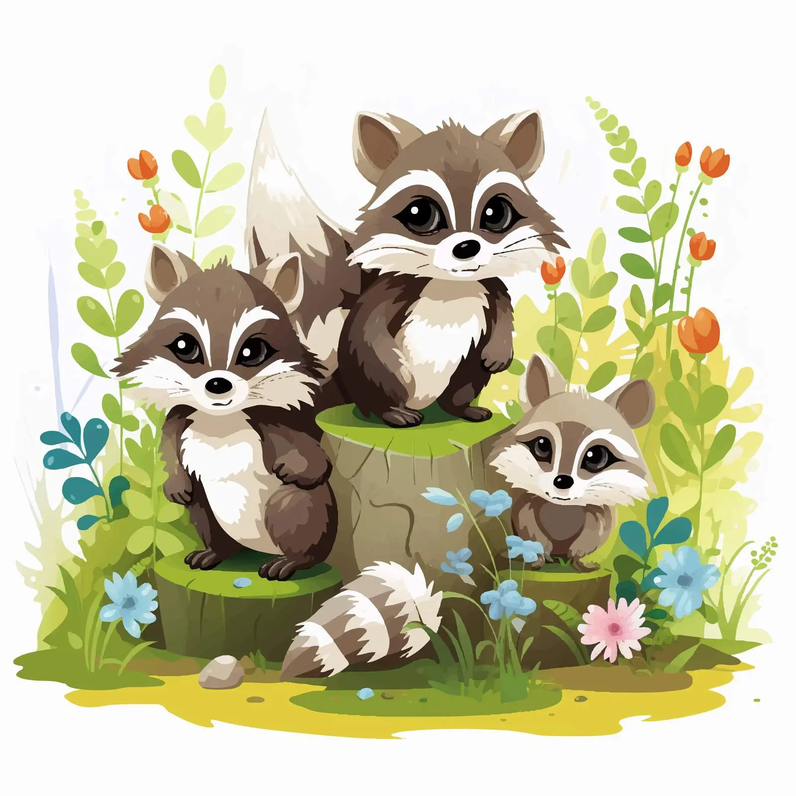 Three Raccoons in the Garden Illustration — free download from Dotvec