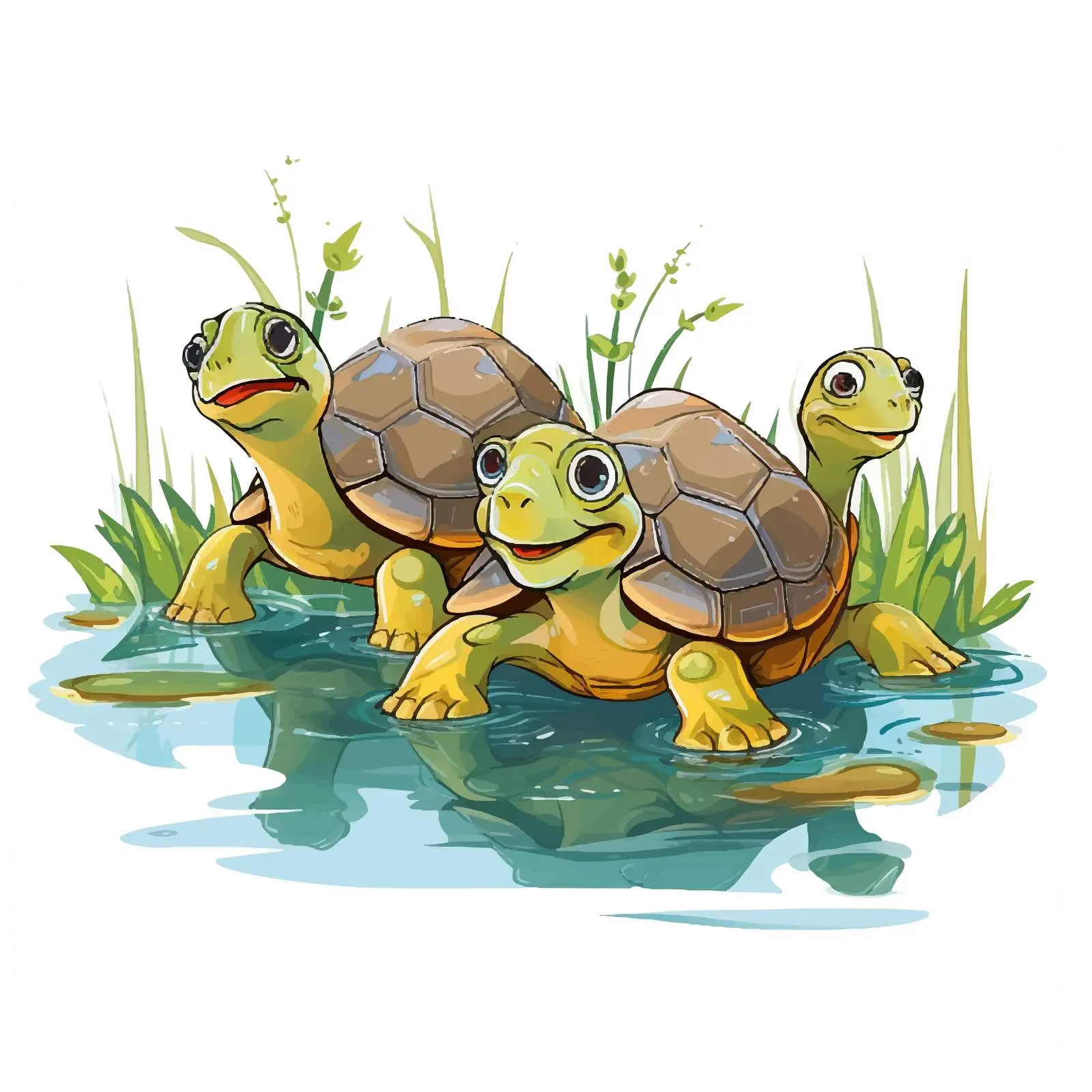 Three Turtles in a Pond Vector Illustration — free download from Dotvec