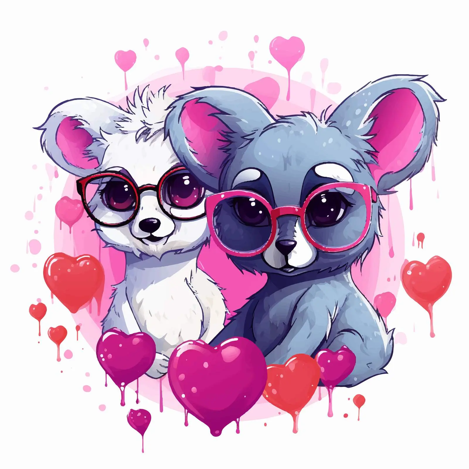 Tiger and Koala in Pink Hearts Design – free small animals image from Dotvec