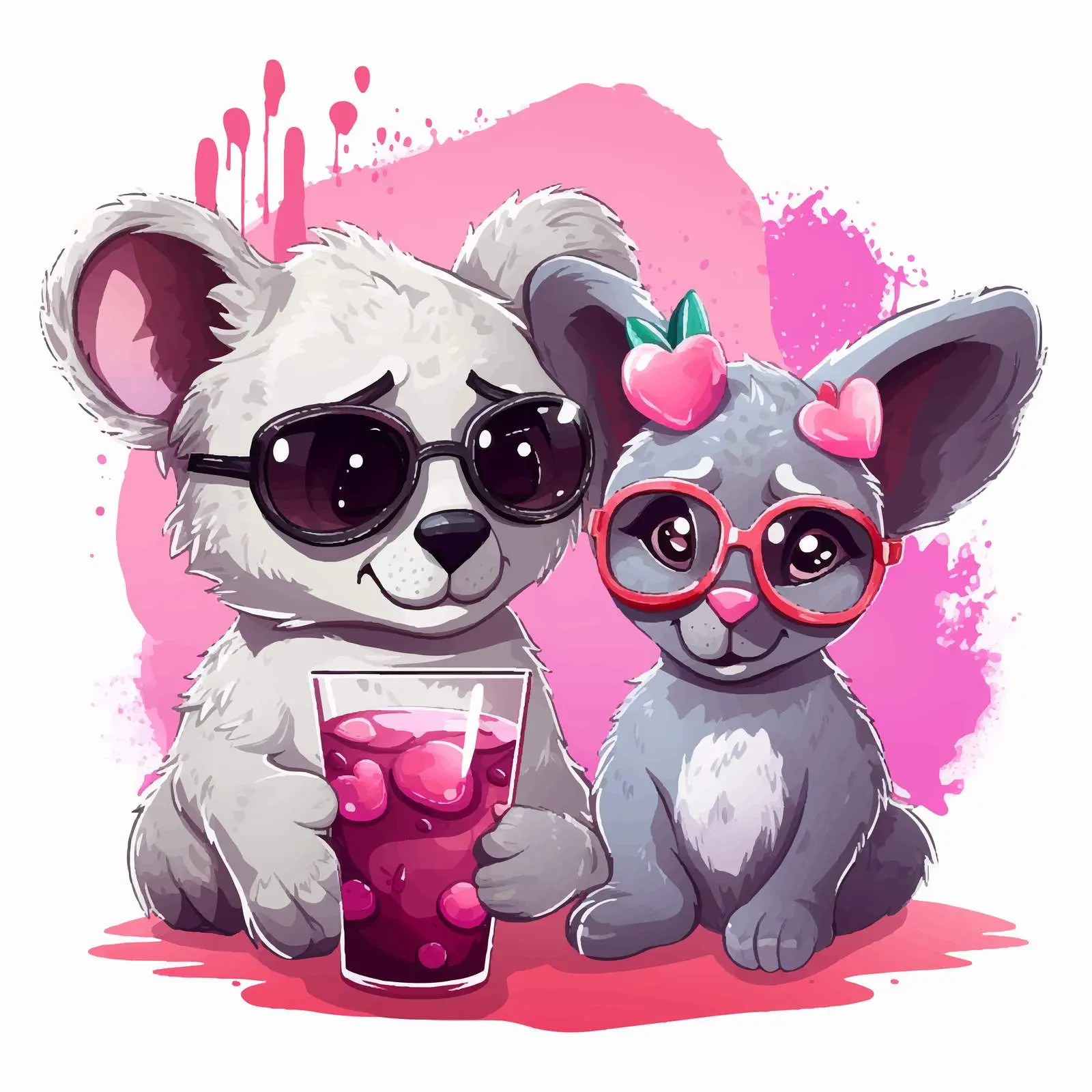 Tiger and Koala with Pink Hearts and Glasses — free download from Dotvec