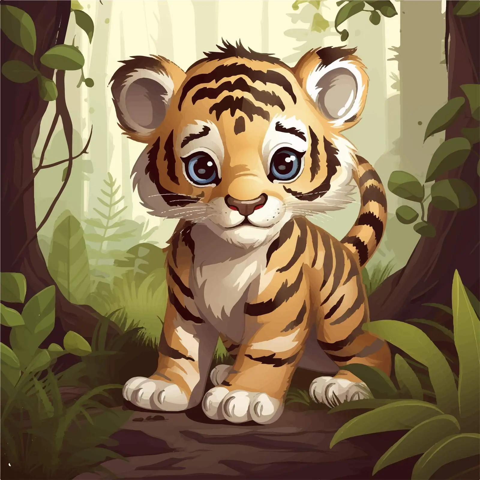 Cute Tiger Cub in Forest Vector Illustration — free download from Dotvec