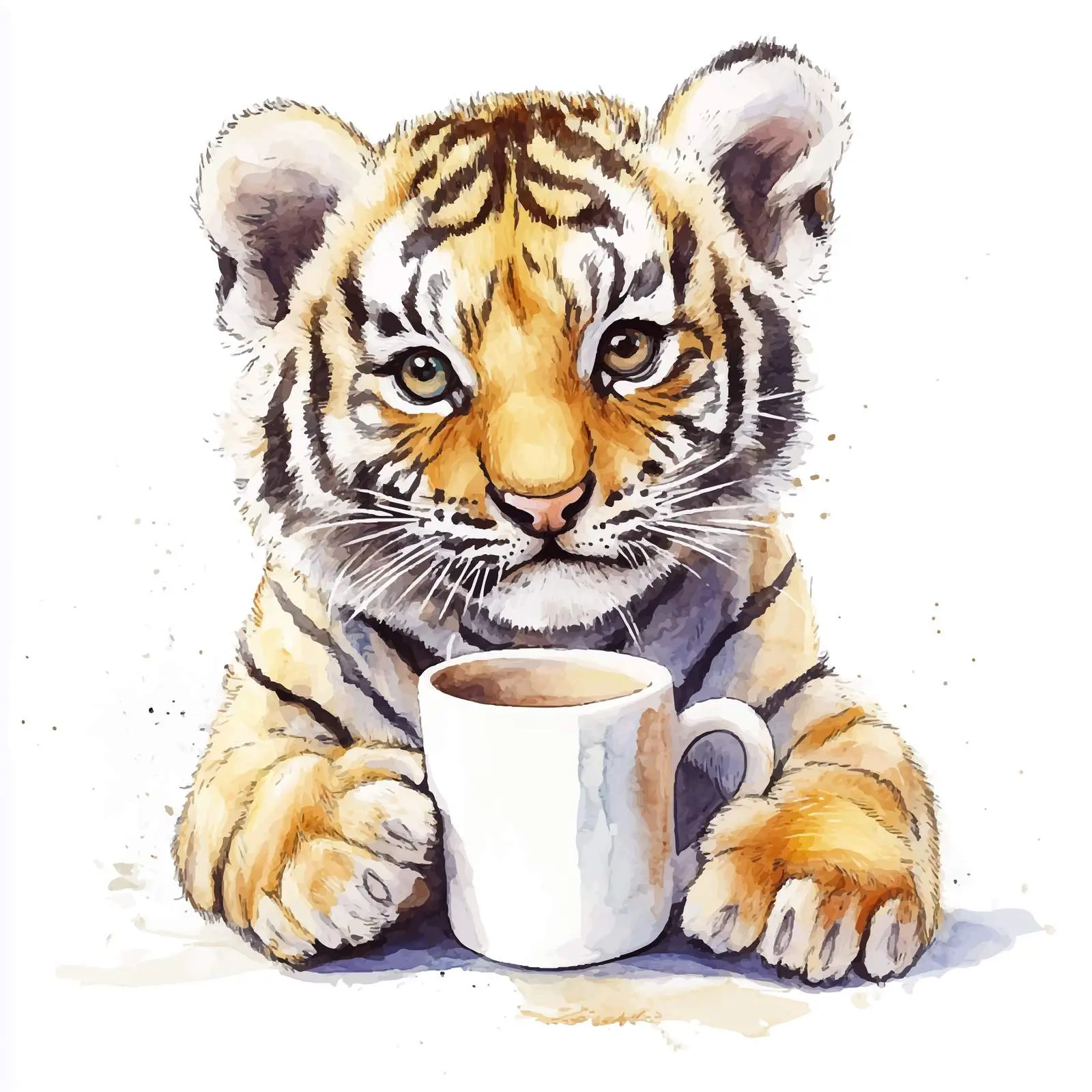 Adorable Tiger Cub with Mug Watercolor Art – free cute tiger image from Dotvec