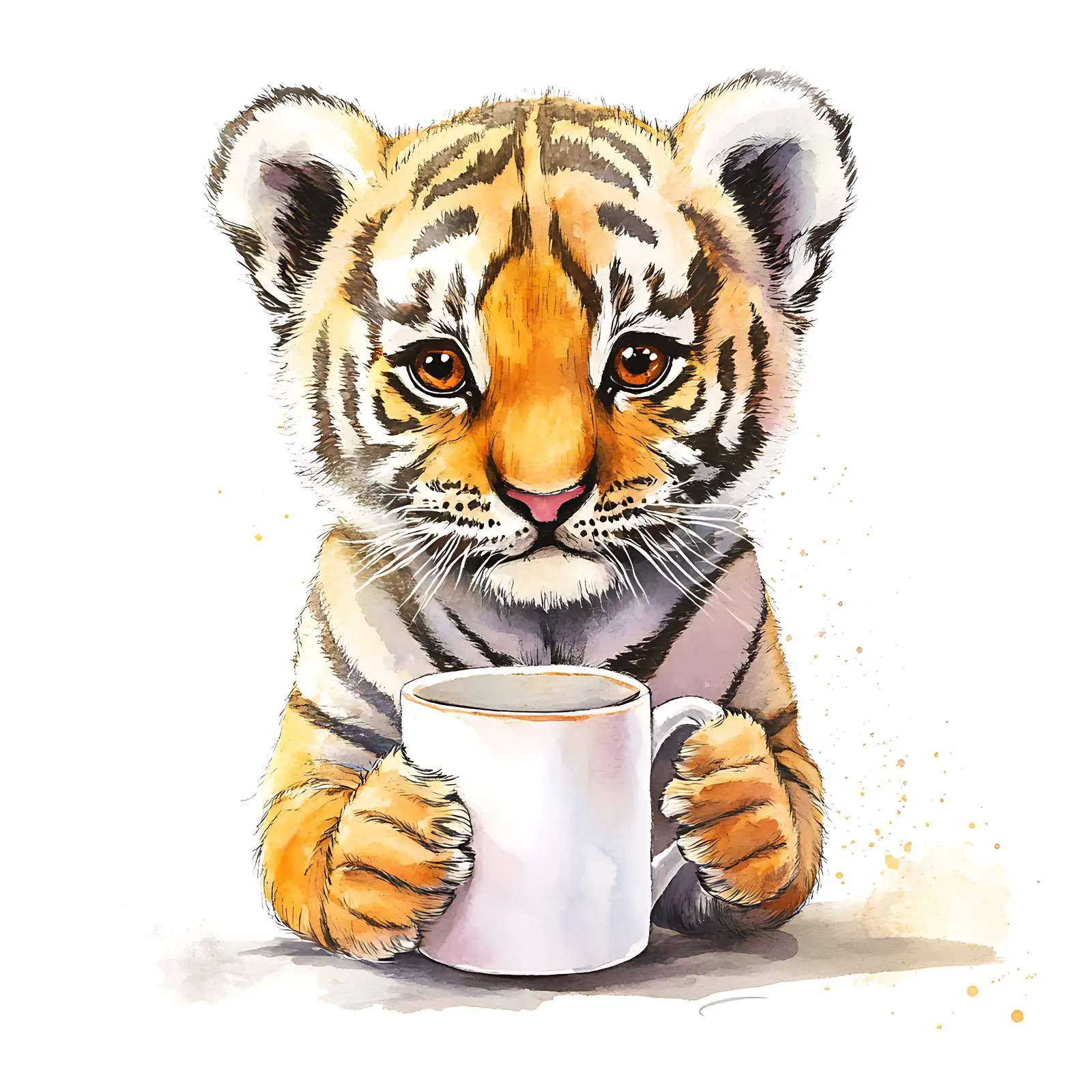 Adorable Tiger Cub with Mug Watercolor Art – free paint image from Dotvec