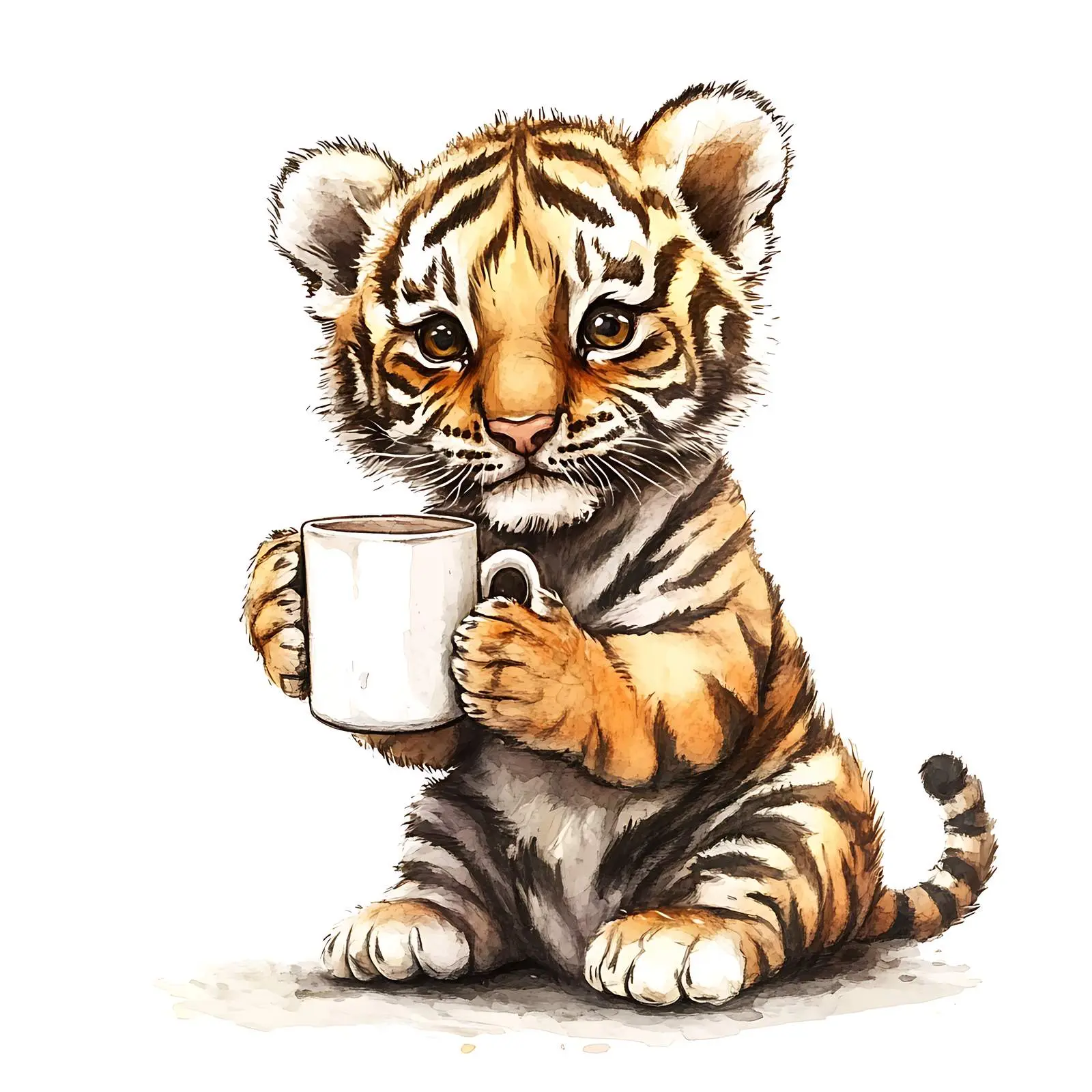 Watercolor Tiger Cub with Mug on White Background – free paint image from Dotvec