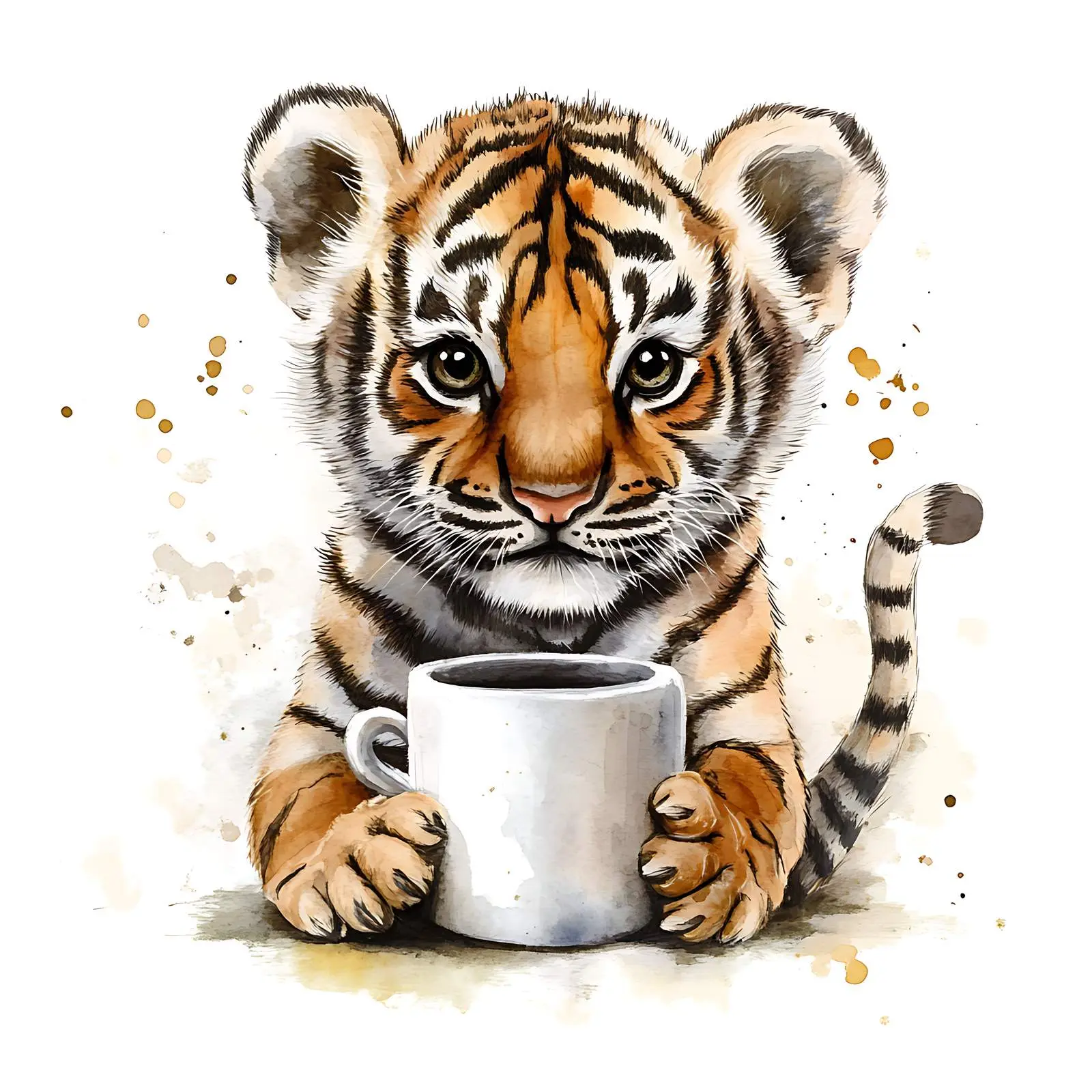 Watercolor Tiger Cub with Mug Illustration – free paint image from Dotvec