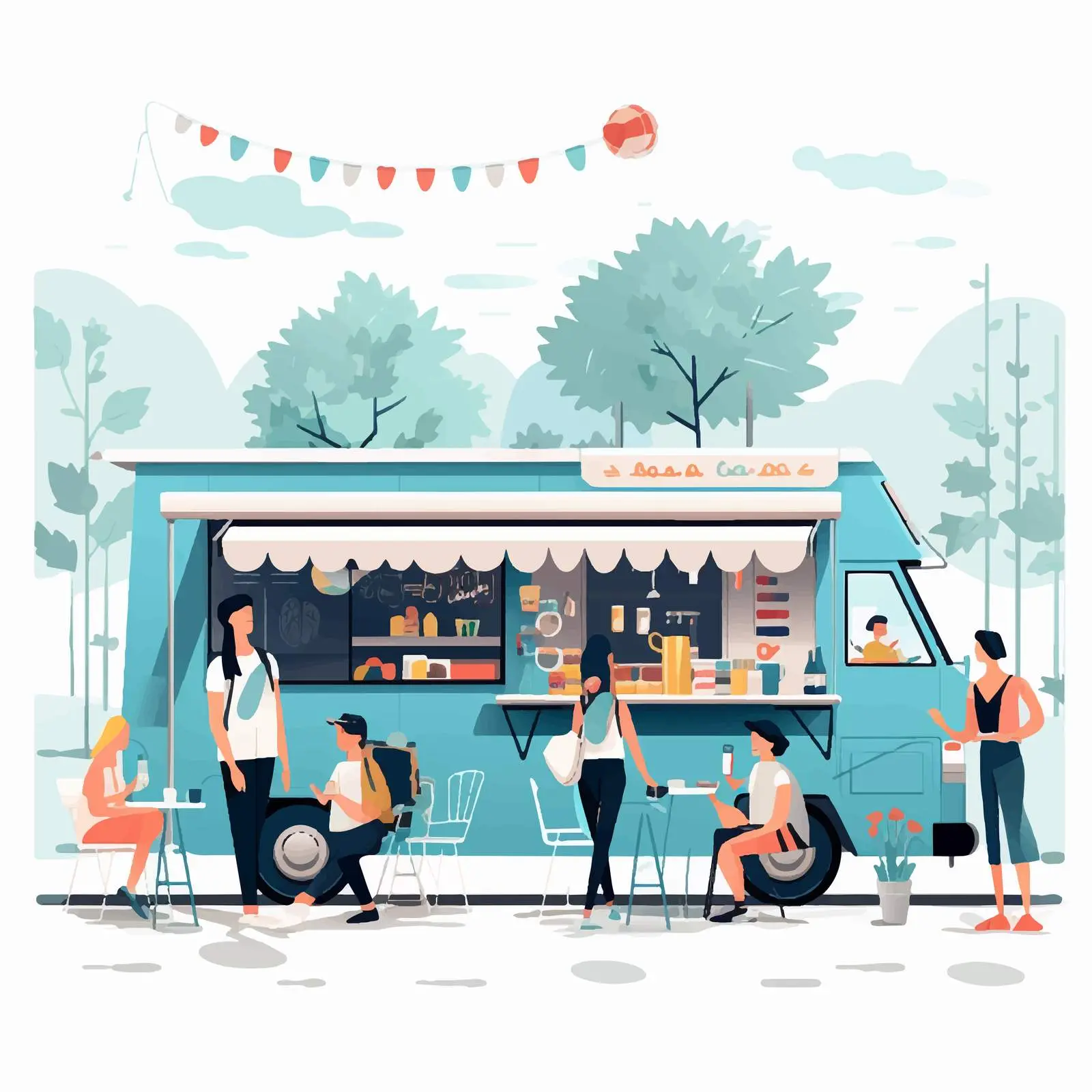 Tiny People Enjoying Summer Food Truck Festival – free vibrant scene image from Dotvec
