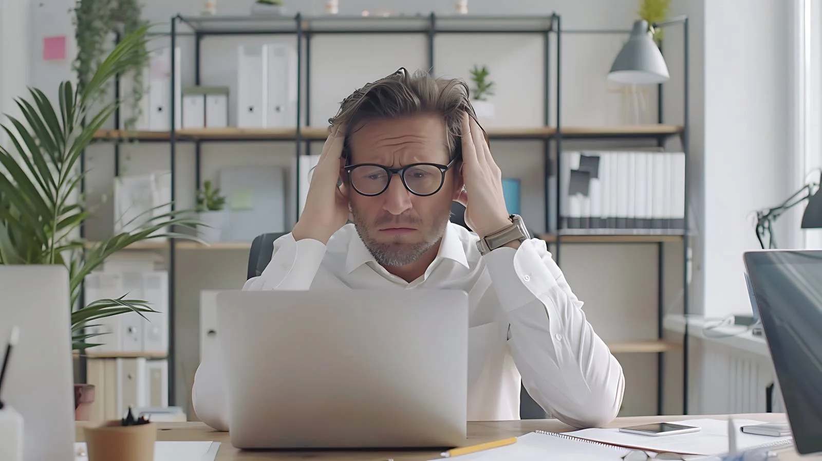 Fatigued Businessman in Office Holding Document — free download from Dotvec