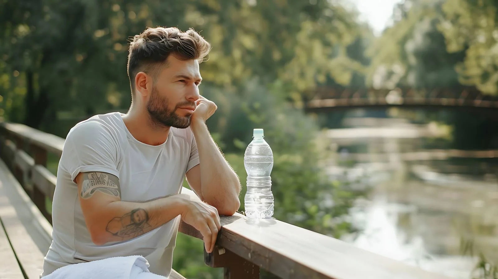Exhausted Man Resting with Water Bottle — free download from Dotvec