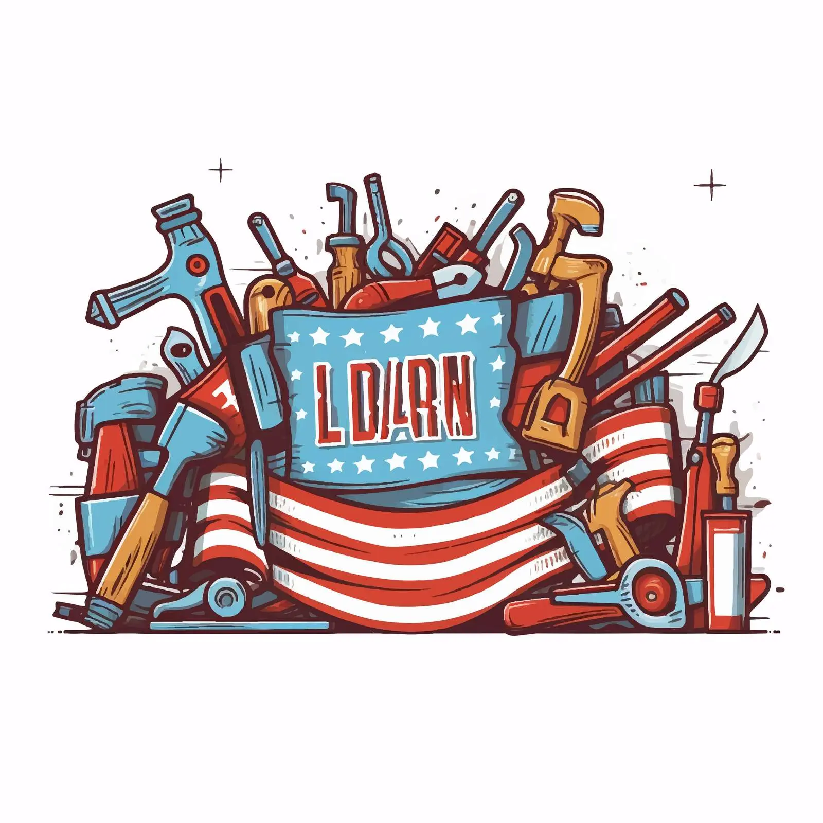 Labor Day Cartoon Tools Set with Ribbon – free construction tools image from Dotvec