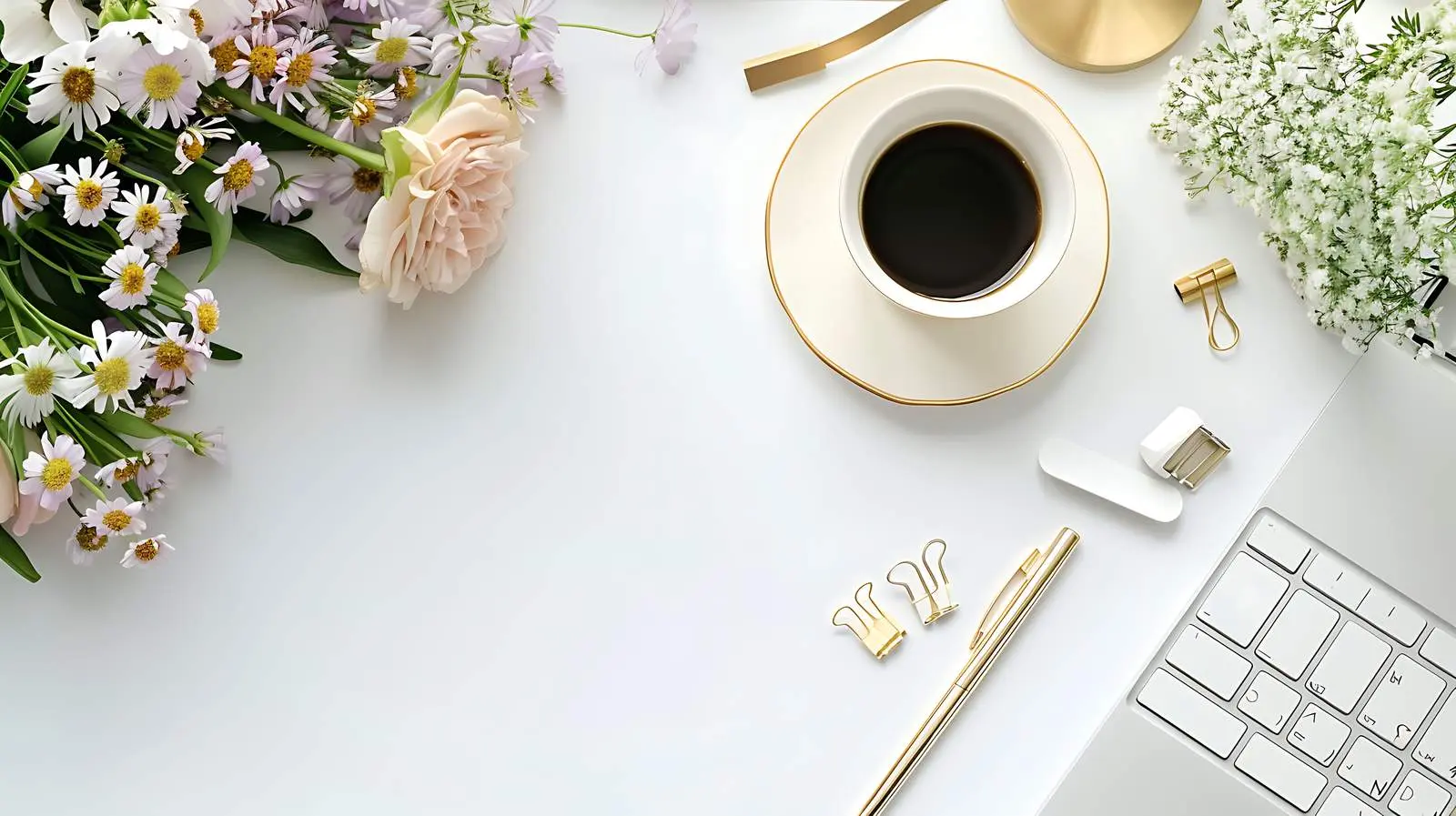 Home Office Workspace with Laptop and Wildflowers — free download from Dotvec