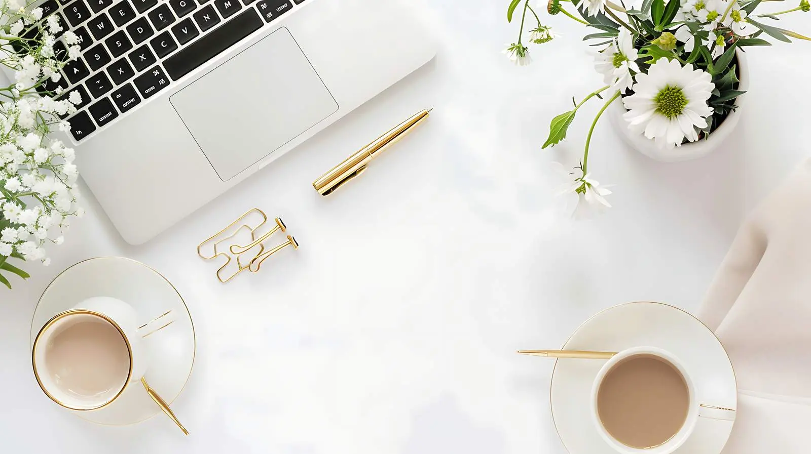 Stylish Home Office Workspace with Laptop and Flowers — free download from Dotvec