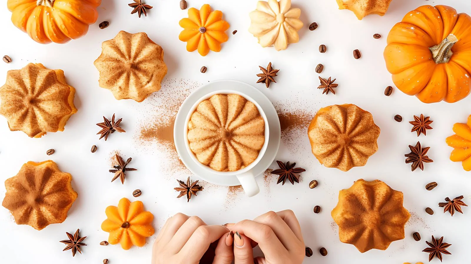 Autumn-inspired pumpkin spice cakes and hand — free download from Dotvec