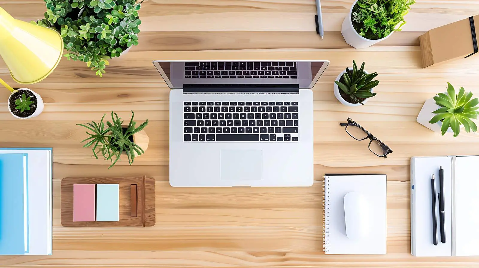 Top View of Laptop and Notebooks on Wooden Desk — free download from Dotvec
