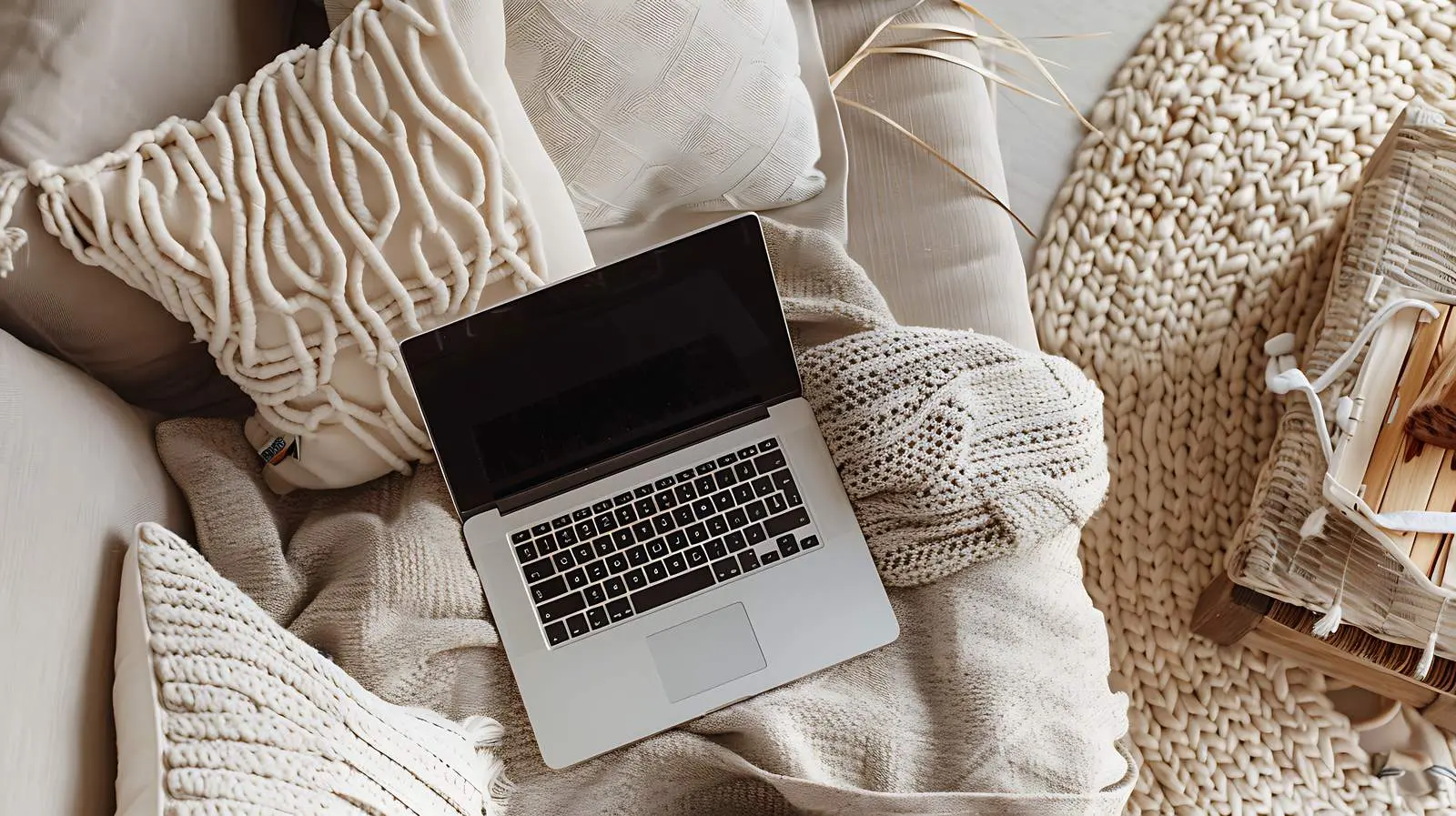 Laptop on Beige Couch with Pillows — free download from Dotvec