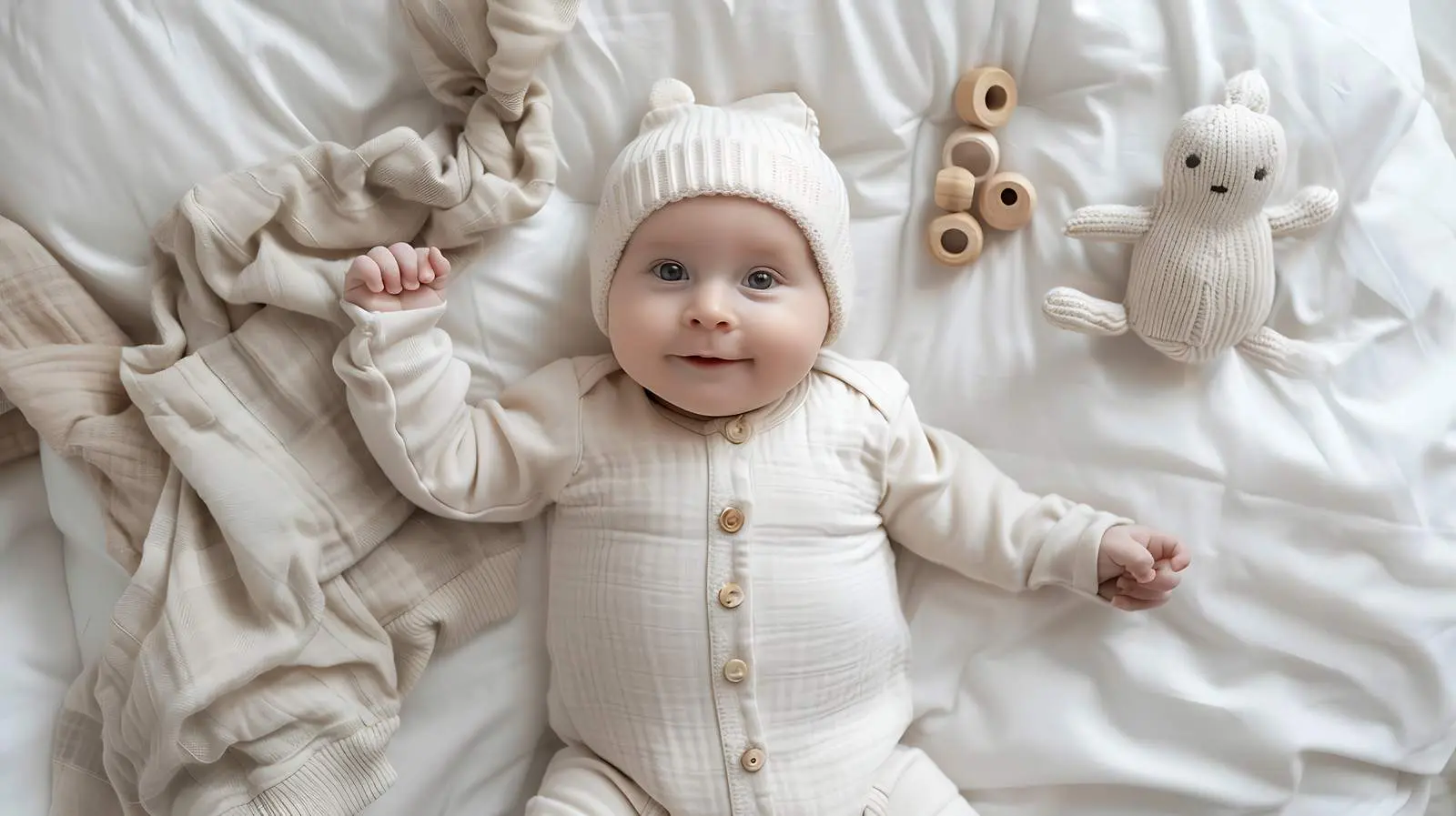 Adorable Newborn Baby Lying on Cozy Bed – free bedding image from Dotvec