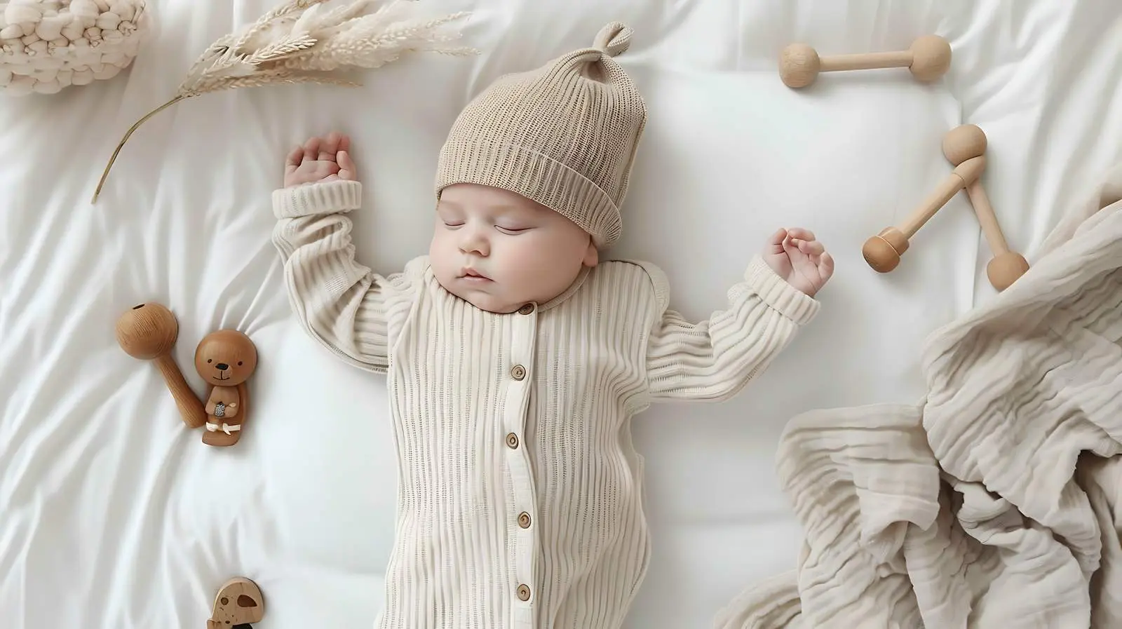 Newborn Baby Lying on Cozy Linen Bed — free download from Dotvec