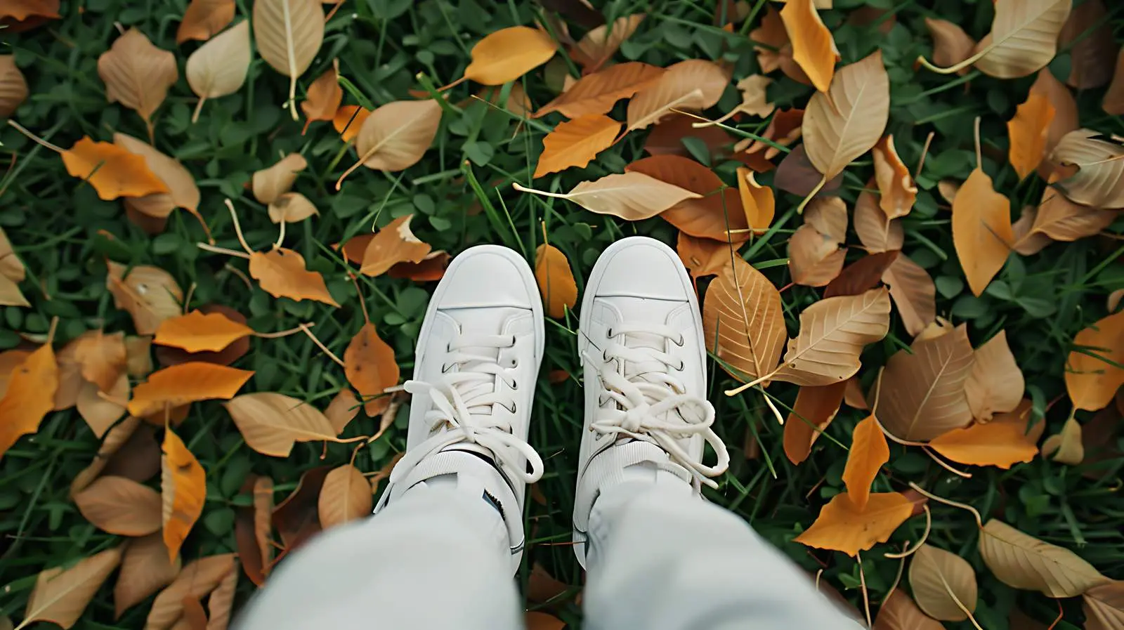 Person in White Sneakers on Autumn Leaves – free above image from Dotvec