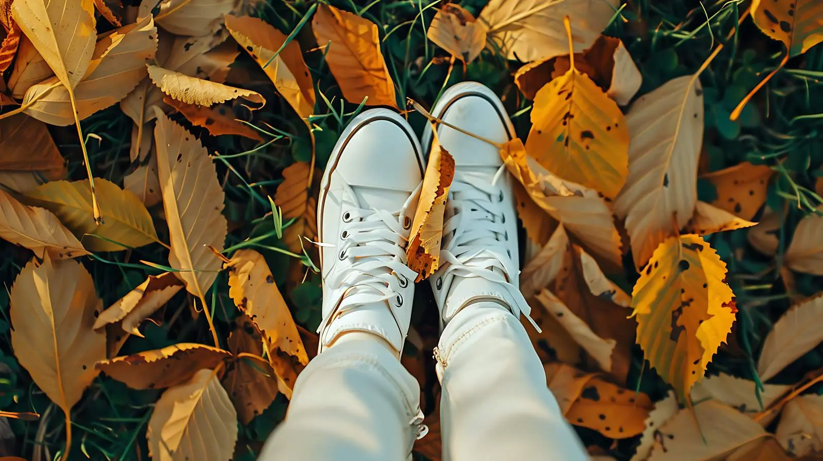 Autumn Feet in White Sneakers on Dry Leaves — free download from Dotvec