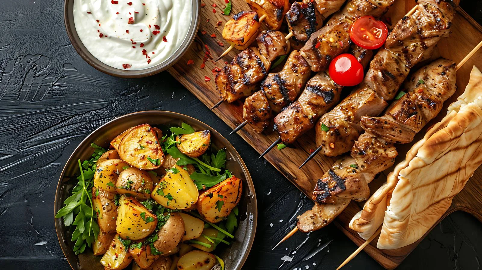 Delicious Pork Souvlaki and Potatoes Top View — free download from Dotvec